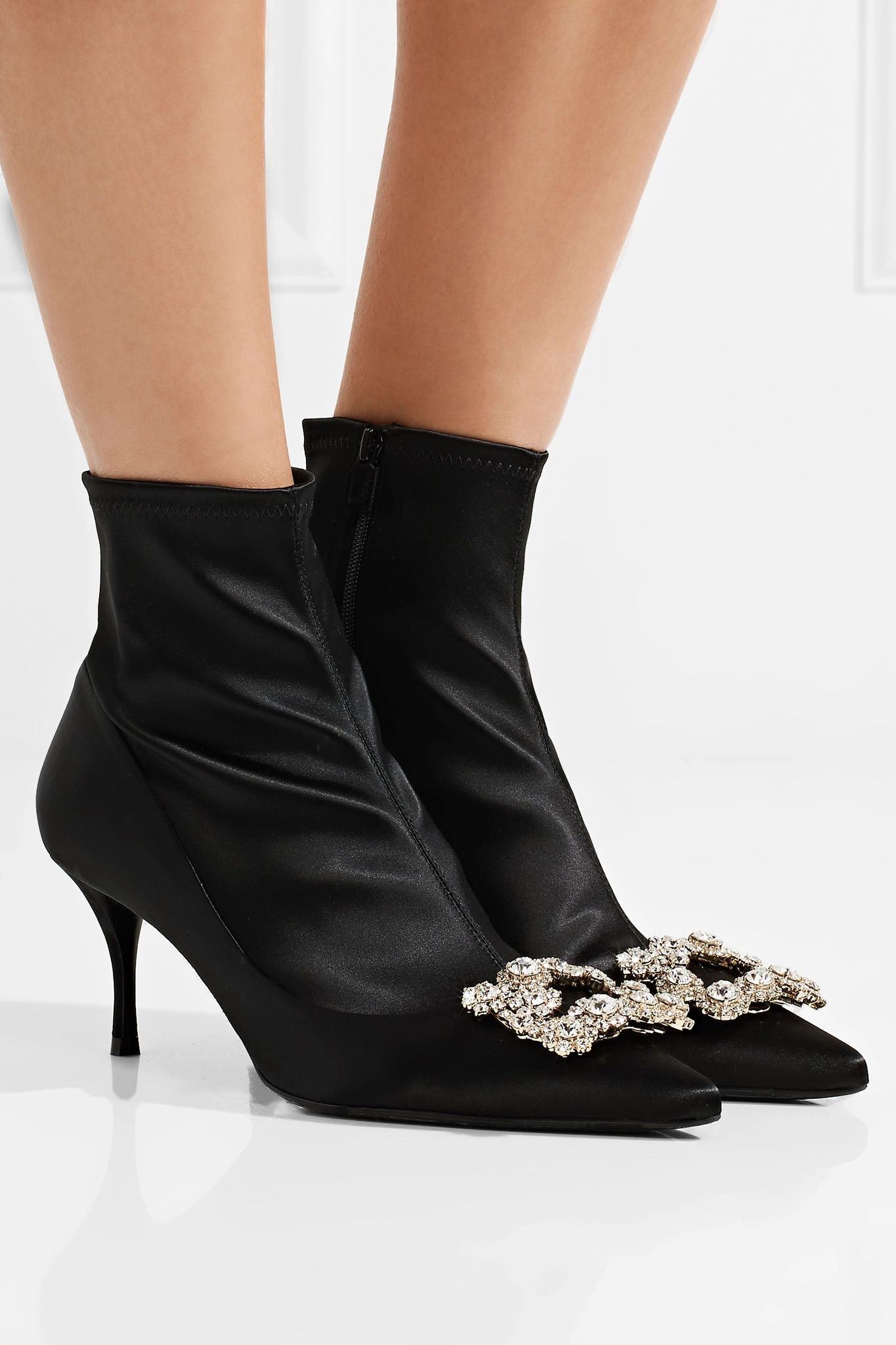 Flower crystal-embellished silk-satin sock boots - 2