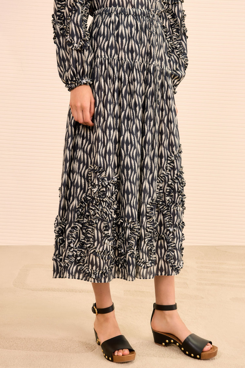 ULLA JOHNSON Alexandra Ruffled Cotton Midi Skirt outlook