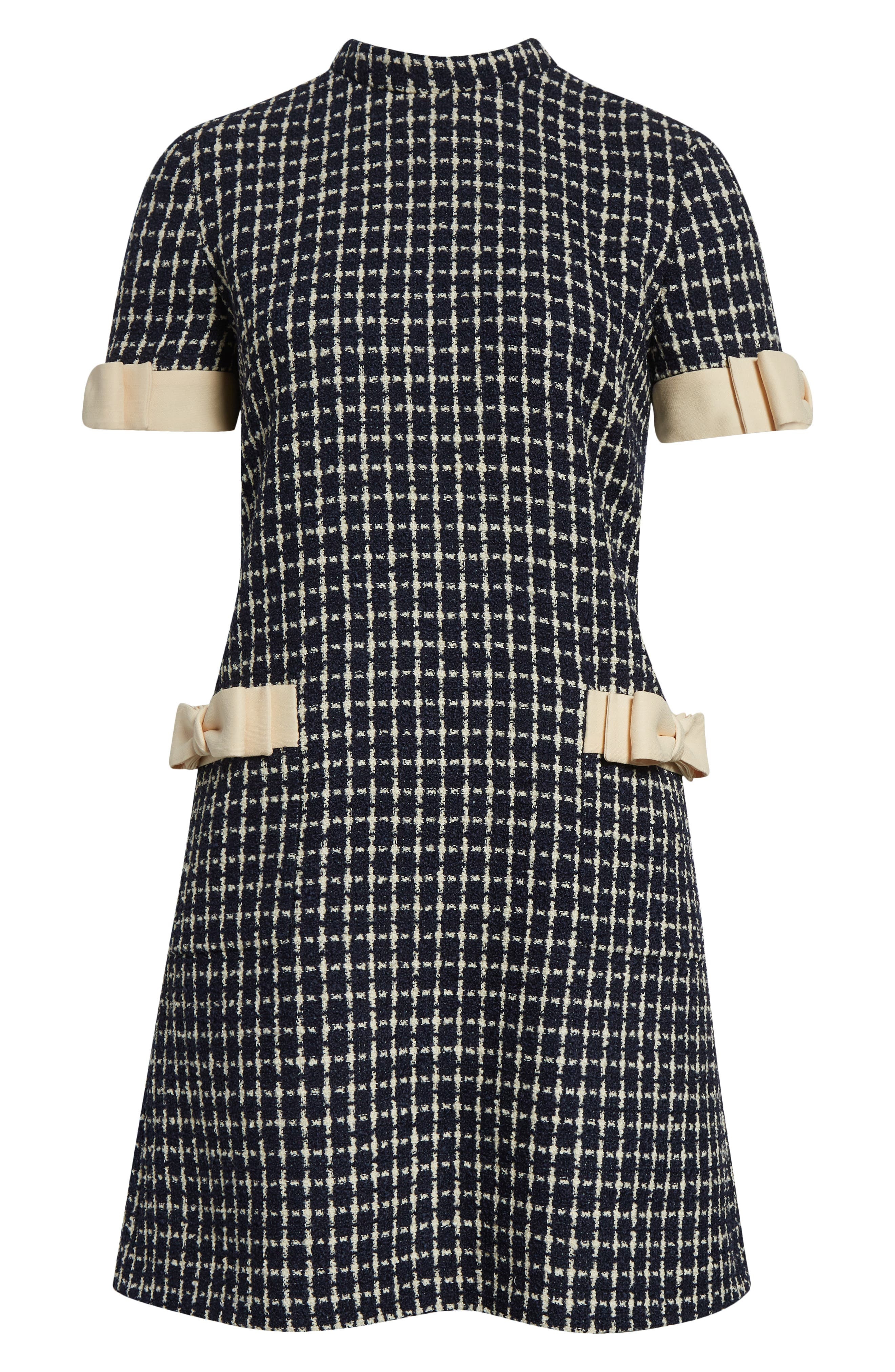 Valentino Garavani Bow Detail Wool & Silk Bouclé Dress in White/Navy at Nordstrom - 5