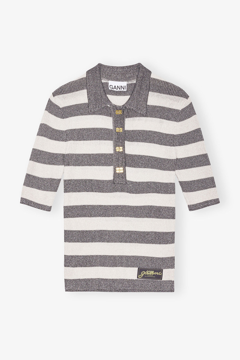 GREY STRIPED SPARKLE RIB POLO T-SHIRT 1