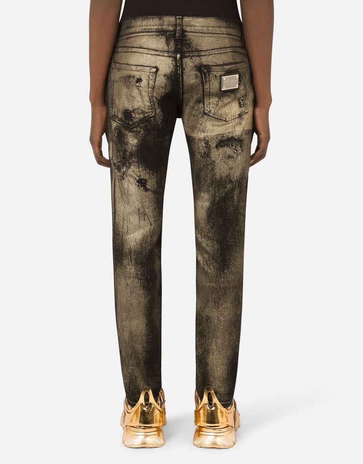 Slim-fit black stretch jeans with gold spray and rips - 2