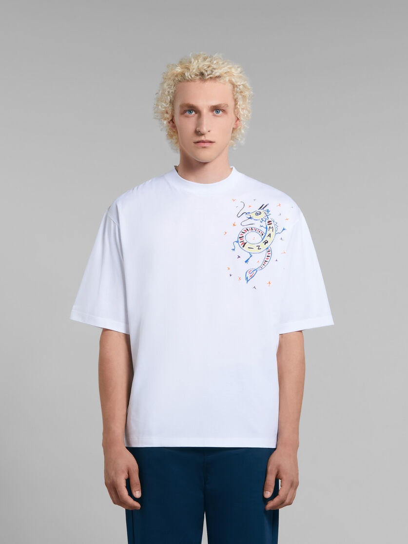 WHITE BIO JERSEY T-SHIRT WITH DRAGON PRINT - 2