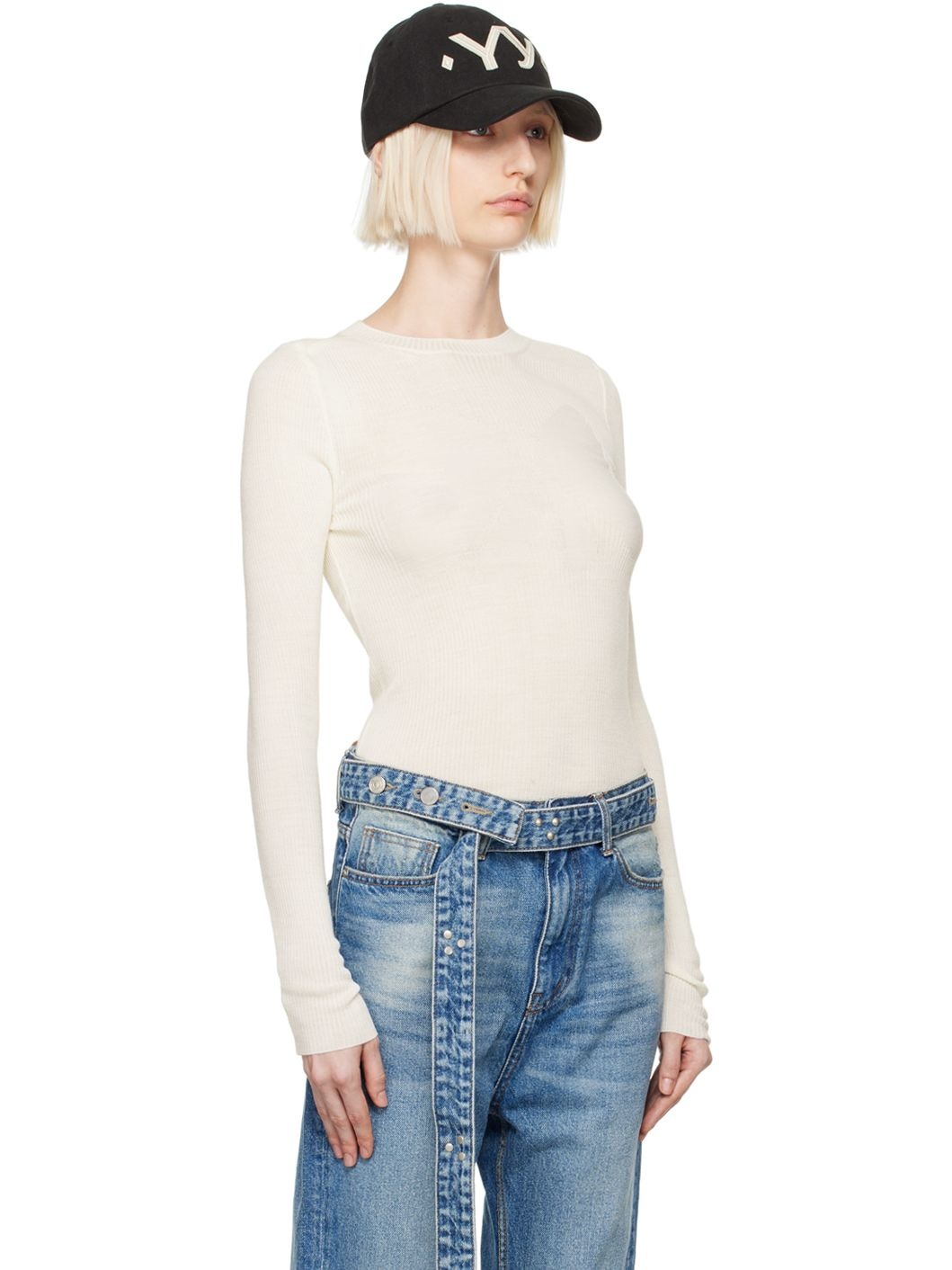 White Ribbon Rib Knit Long Sleeve T-shirt - 2