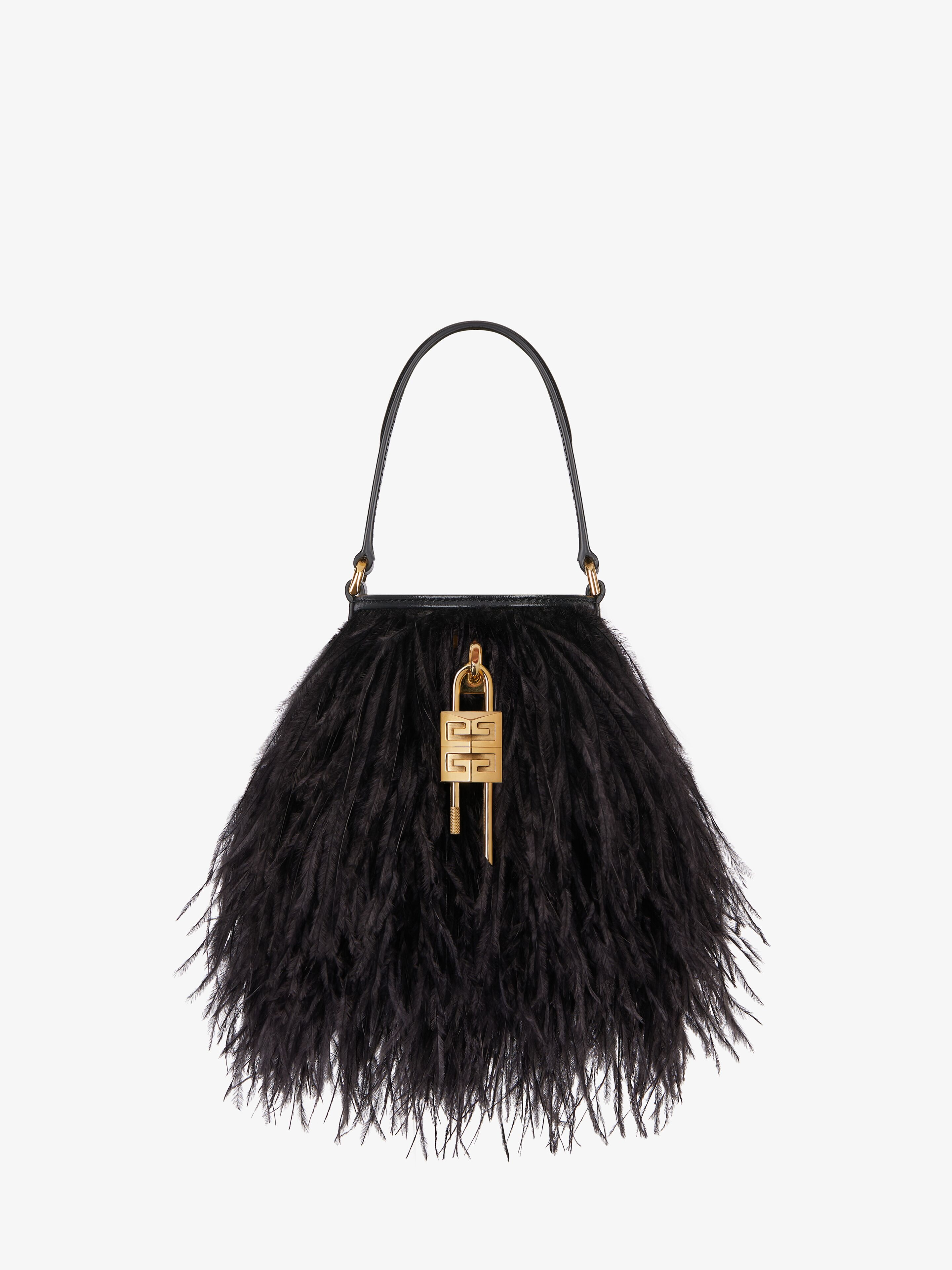 MICRO SHARK LOCK BUCKET BAG IN SATIN WITH FEATHERS - 1