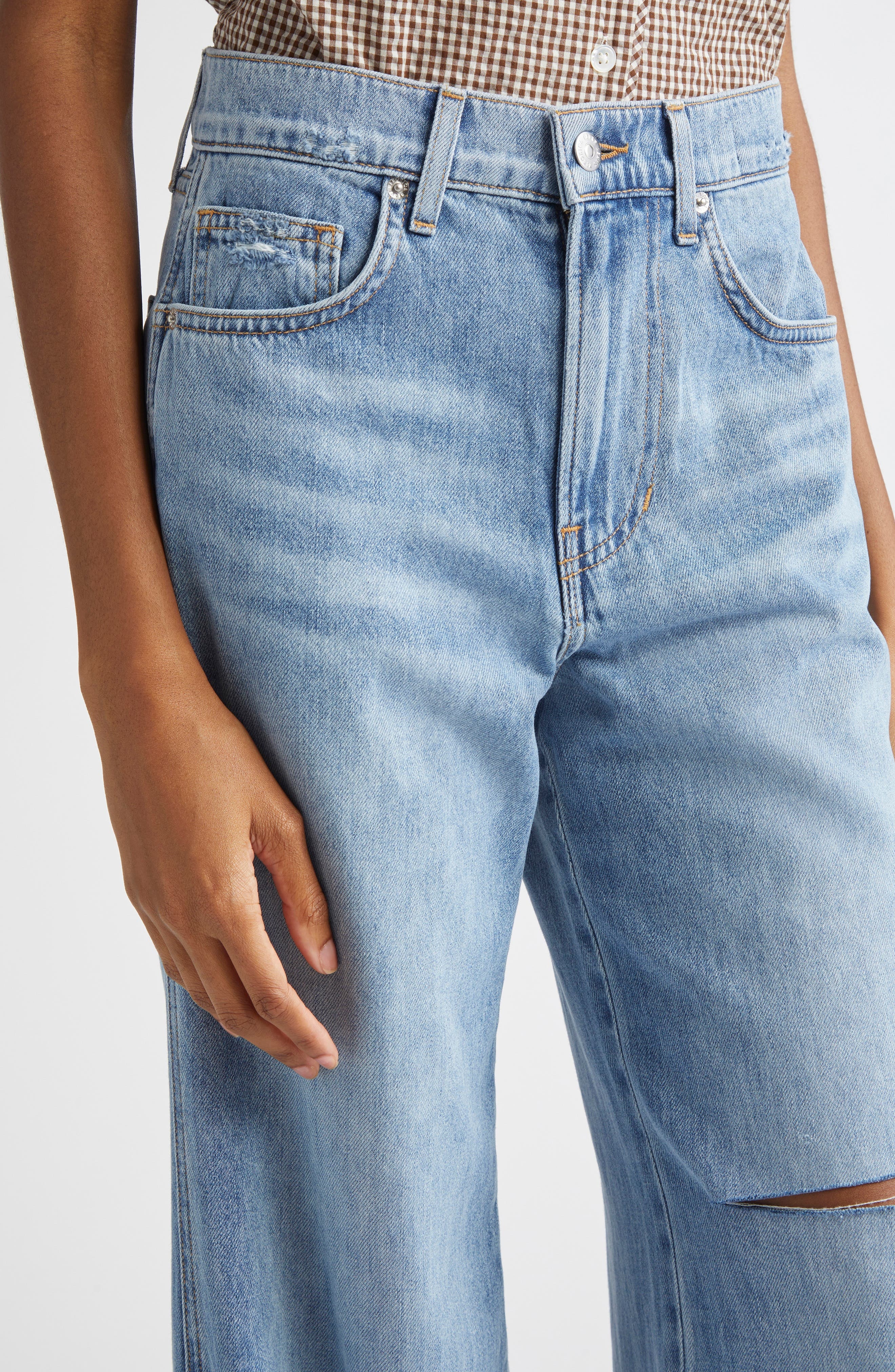 Veronica Beard Kasey Ripped Raw Hem Mid Rise Wide Leg Jeans in Bright Lakeshore at Nordstrom - 5