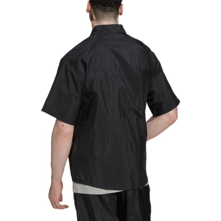 Men's adidas originals Solid Color Lapel Short Sleeve Black Shirt HK2733 - 3
