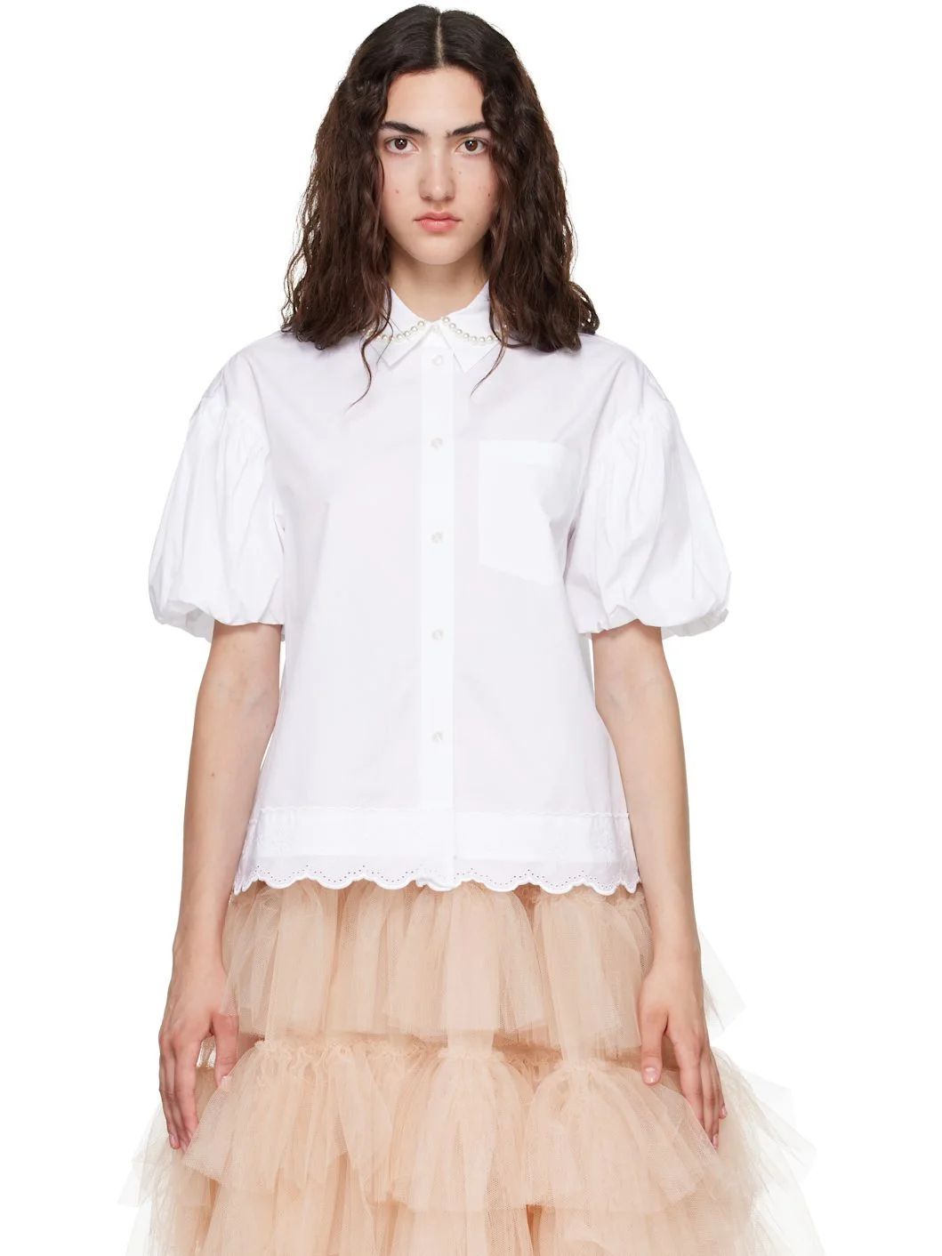 White Cropped Puff Sleeve Lace Trim Shirt - 1