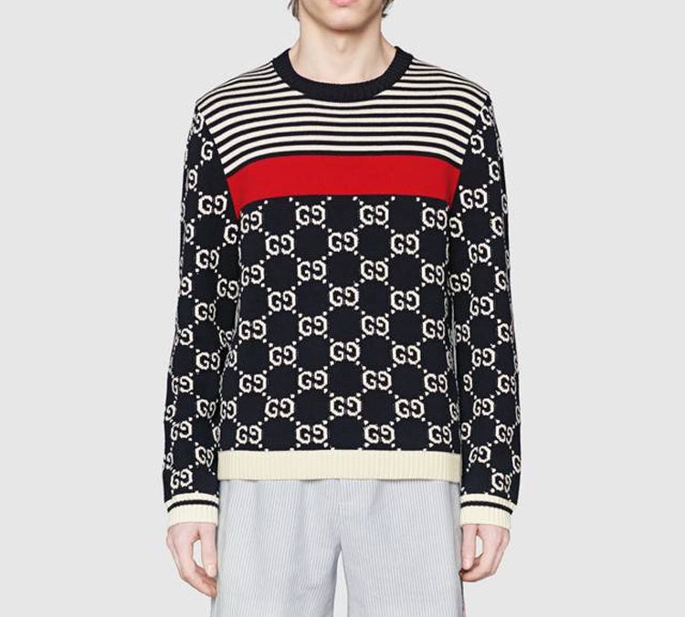 Gucci Men's GG Logo Striped Knit Sweater DarkBlue 496458-X9I07-4696 - 2