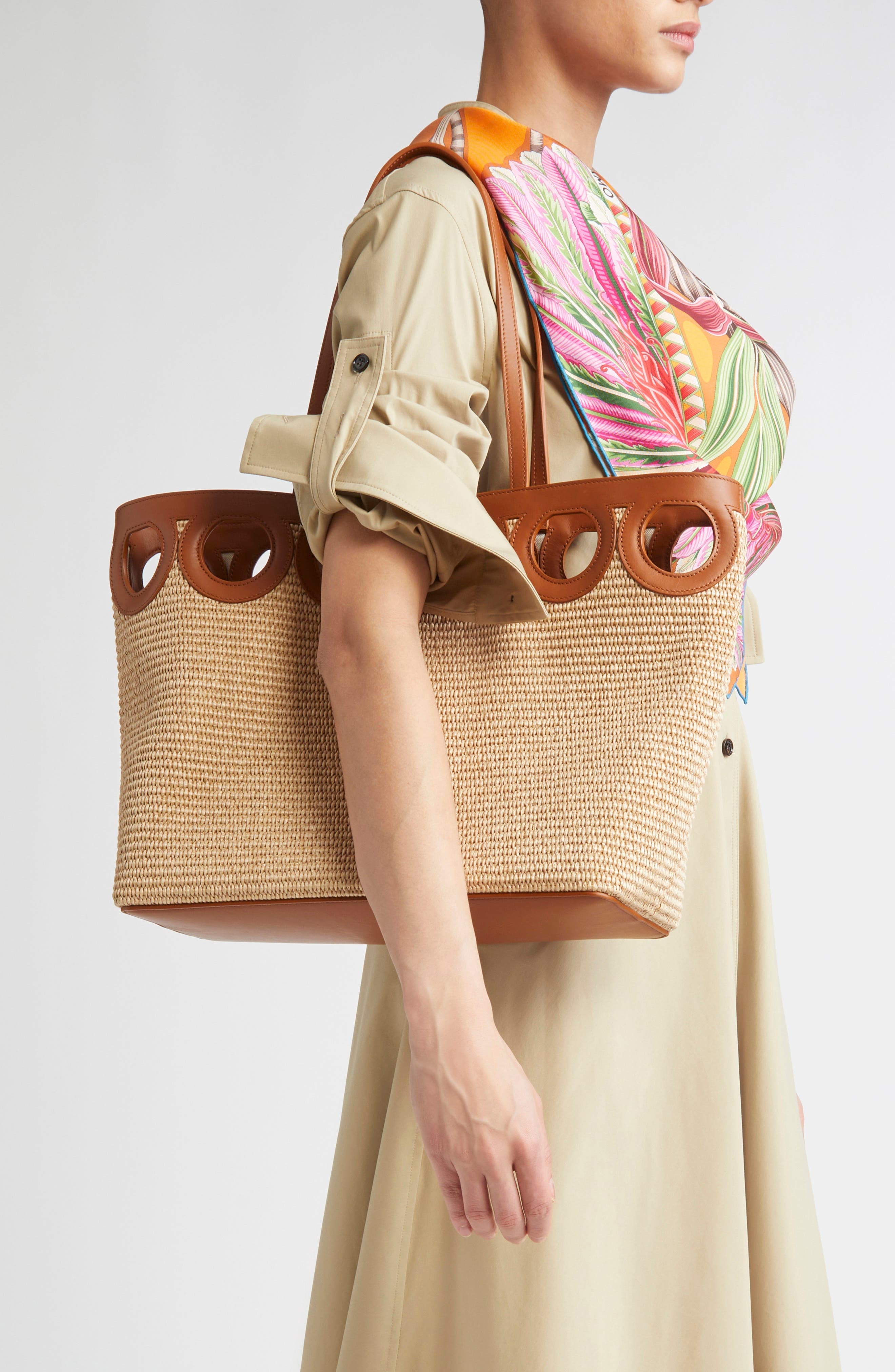 FERRAGAMO Medium Gancini Frame Perforated Raffia & Leather Tote in Naturale/Resort at Nordstrom - 2