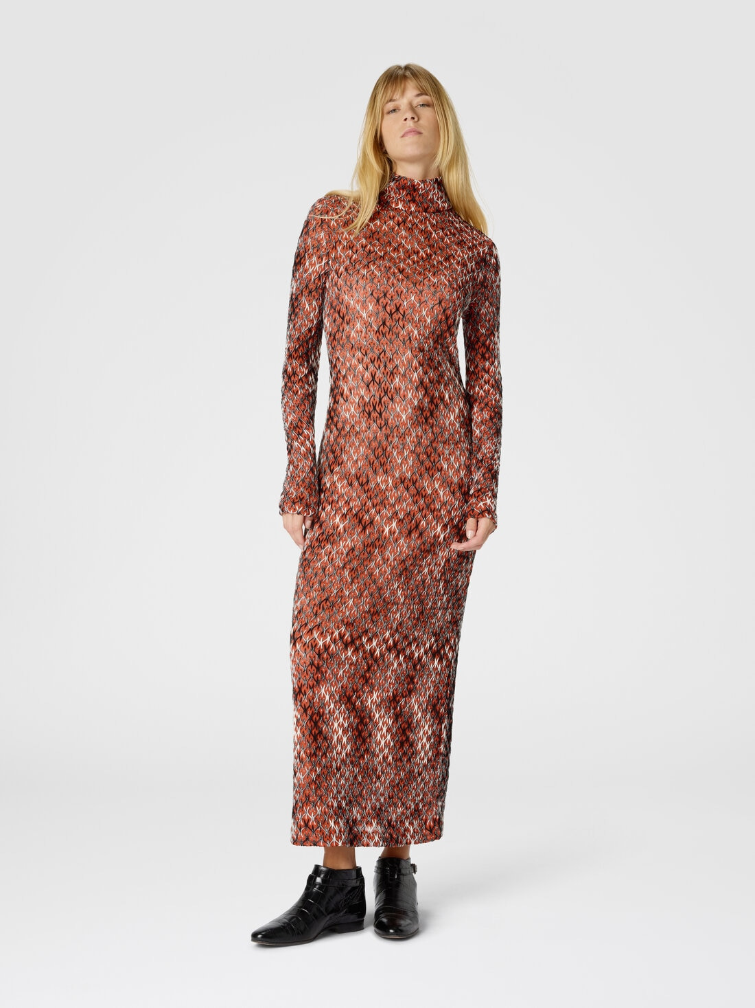 High-Neck Long Dress in Flame Lace - 2