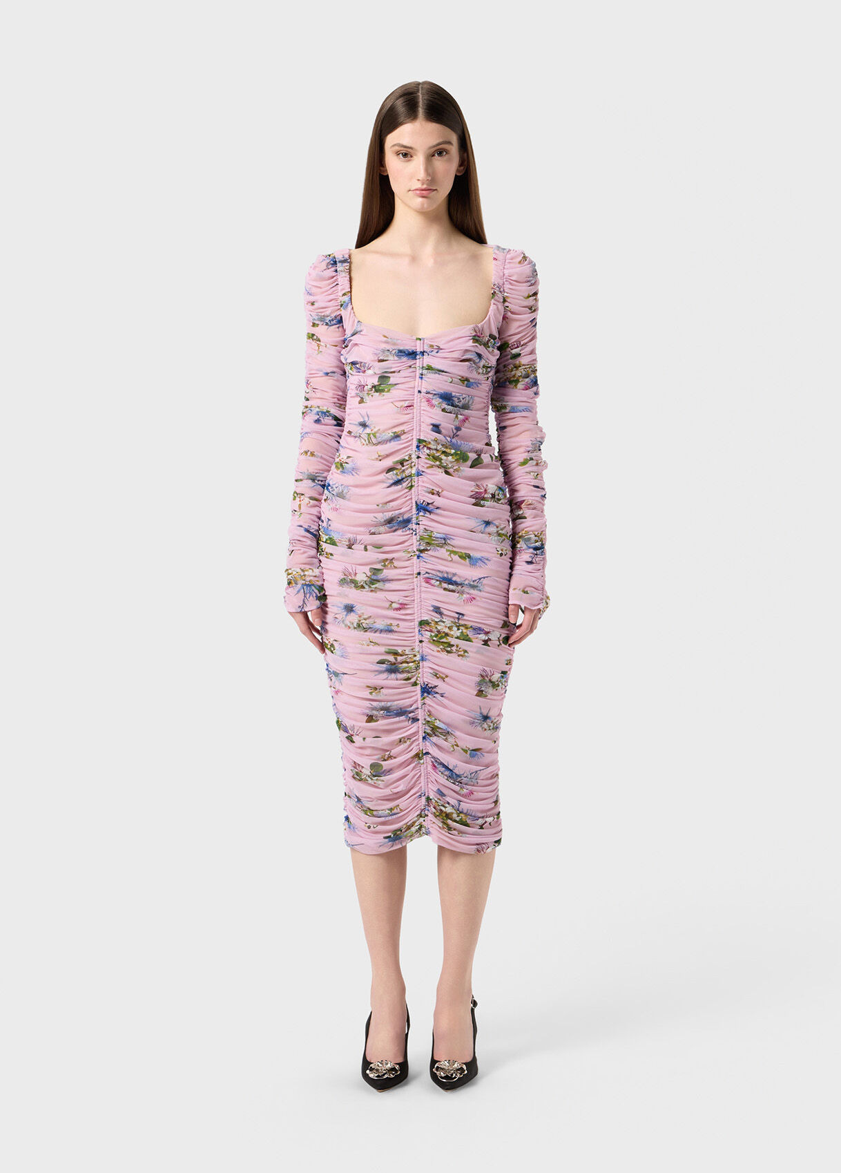 PRINTED TULLE MIDI DRESS WITH GATHERING - 2