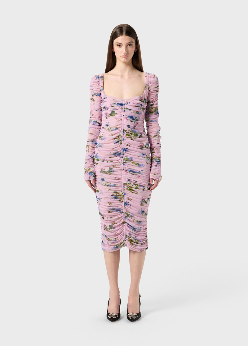 Blumarine PRINTED TULLE MIDI DRESS WITH GATHERING outlook