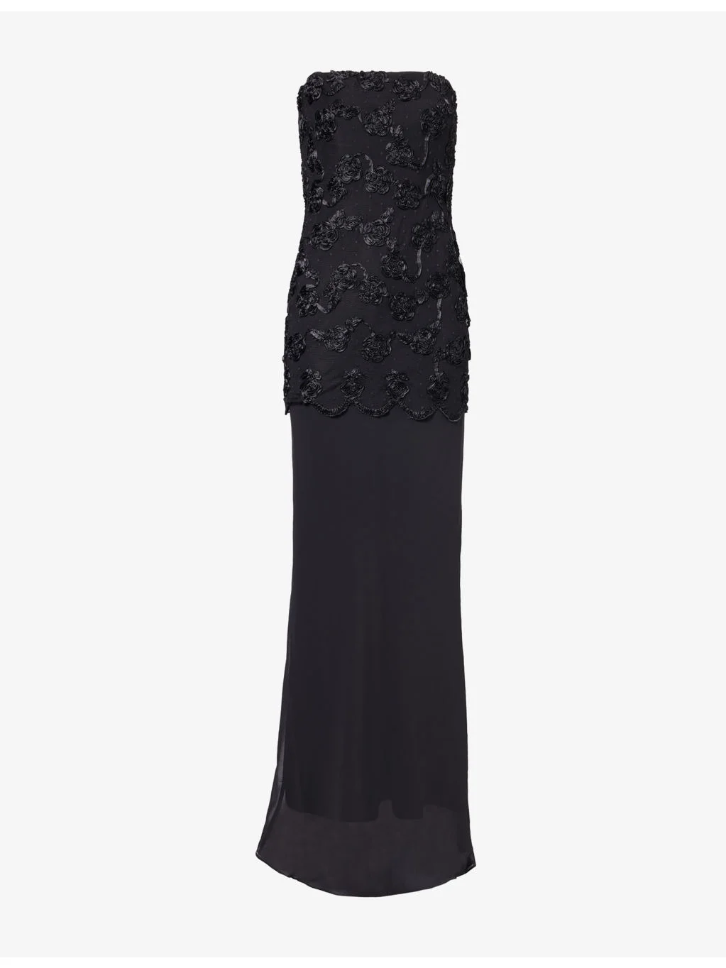 Flower-Embroidered Strapless Mesh Maxi Dress - 1