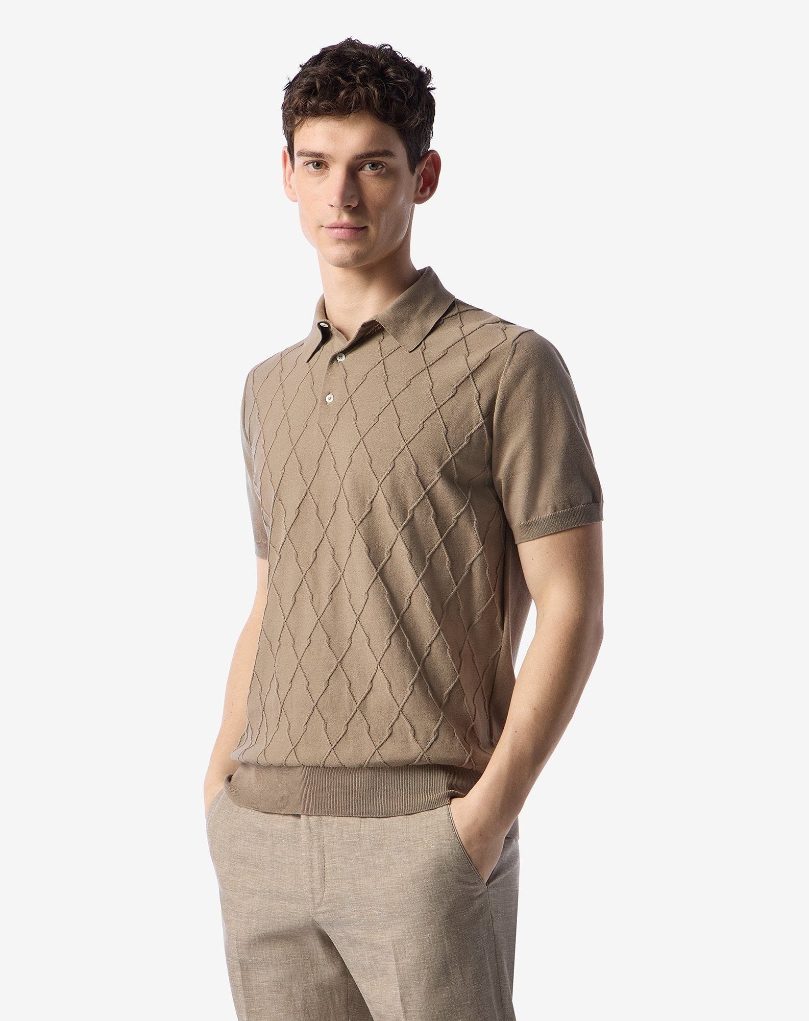 Beige button-up organic cotton polo shirt - 2