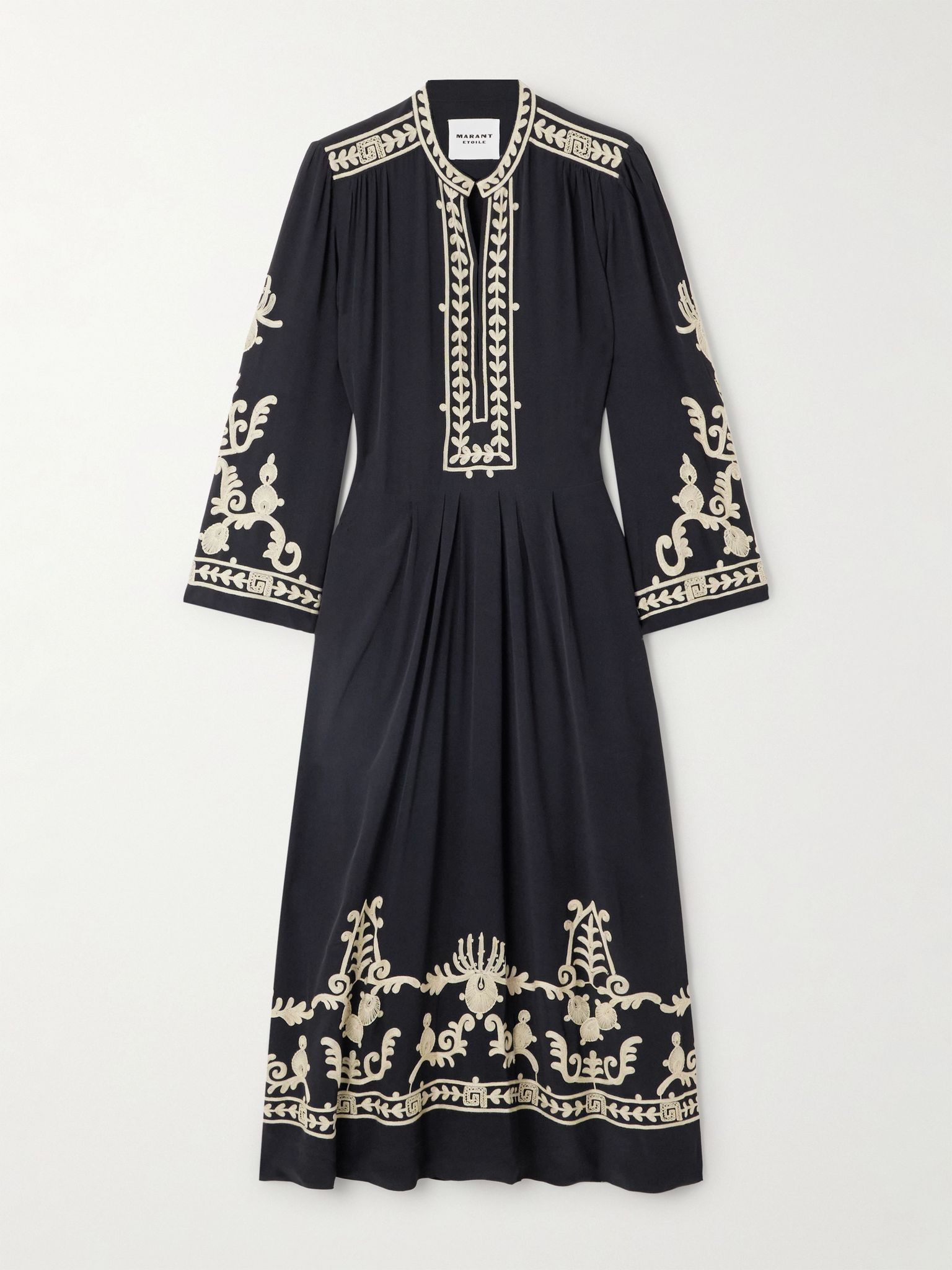 Embroidered pleated crepe midi dress Black - 1