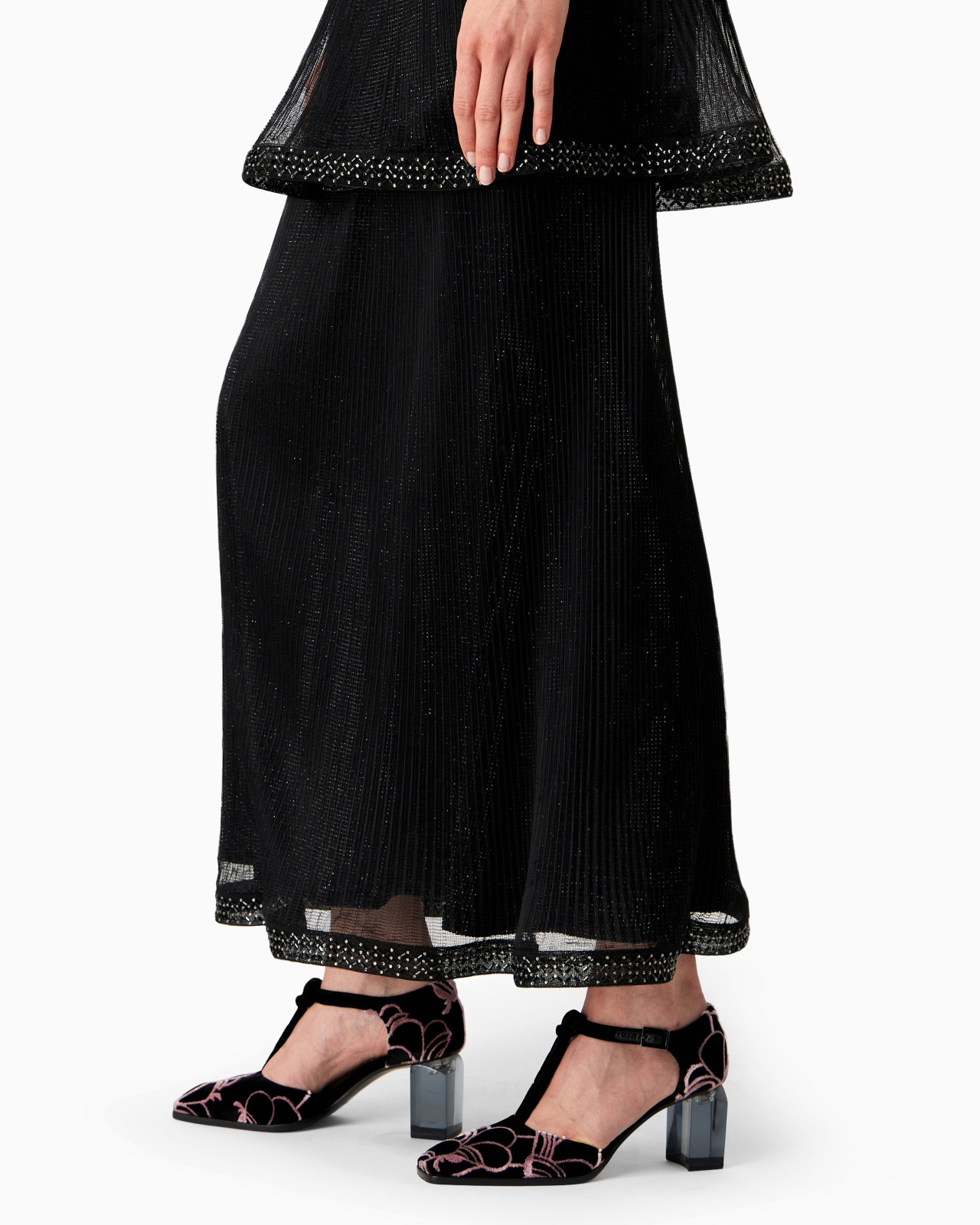 LONG PLEATED TULLE DRESS WITH CRYSTAL EMBROIDERY AND A FRILL - 5