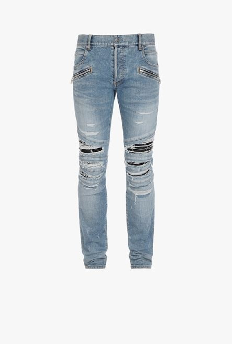 Slim-cut ripped blue cotton jeans with synthetic leather panels 1