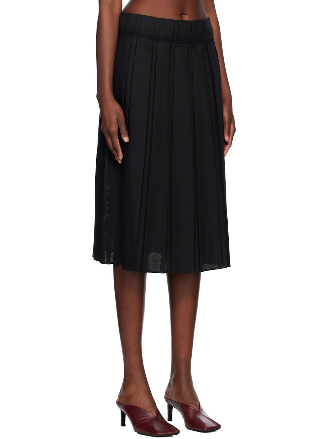 Black Pleated Wool Midi Skirt - 2