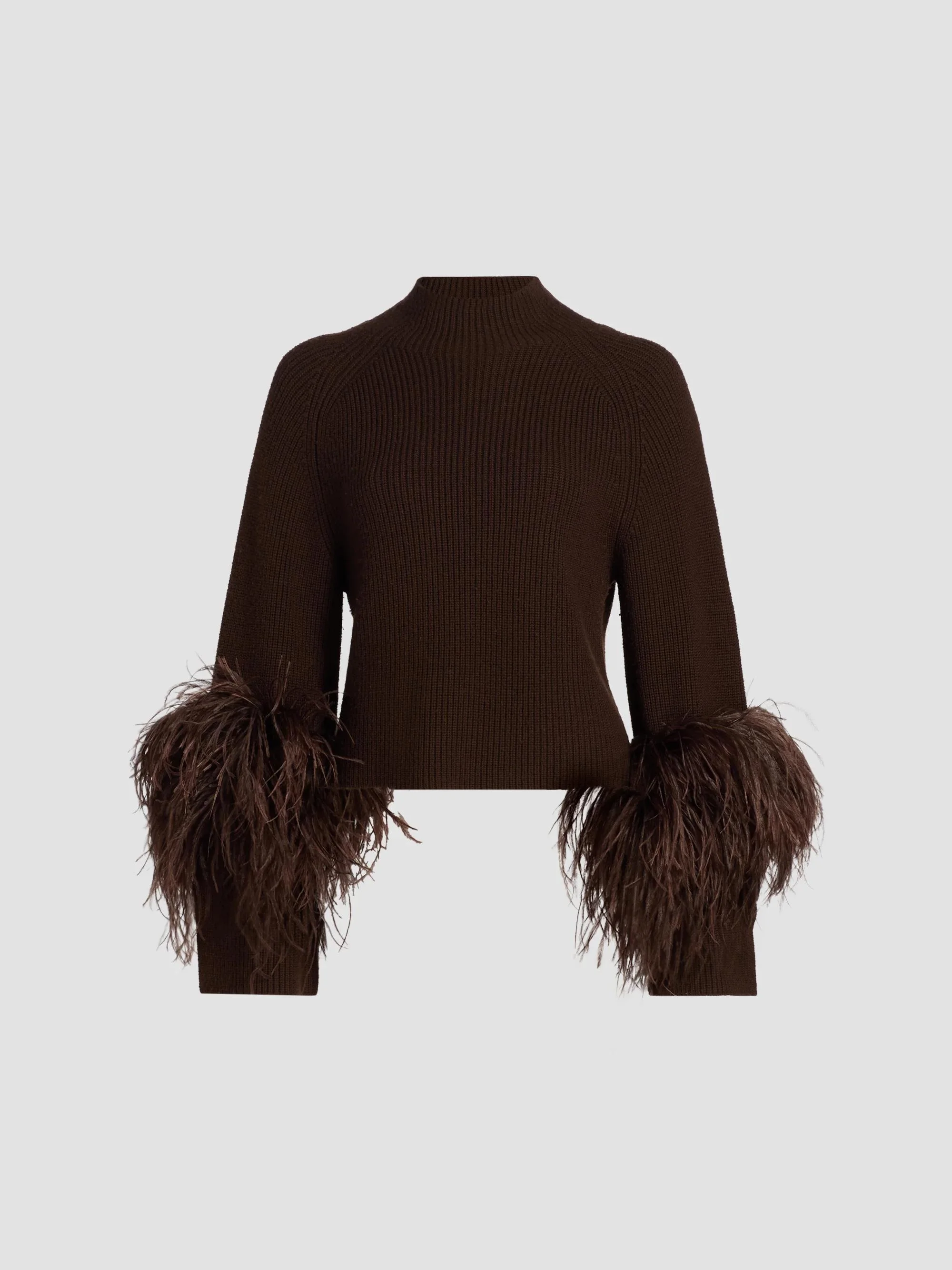 Women's Merino Wool Feather-Trimmed Sweater - Chocolate - 1