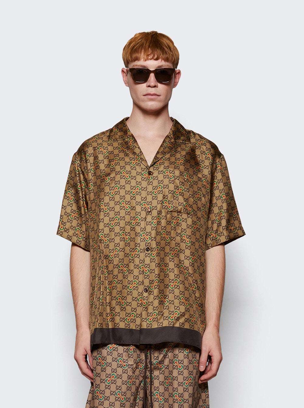 Horsebit Print Silk Twill Shirt Camel And Ebony - 3
