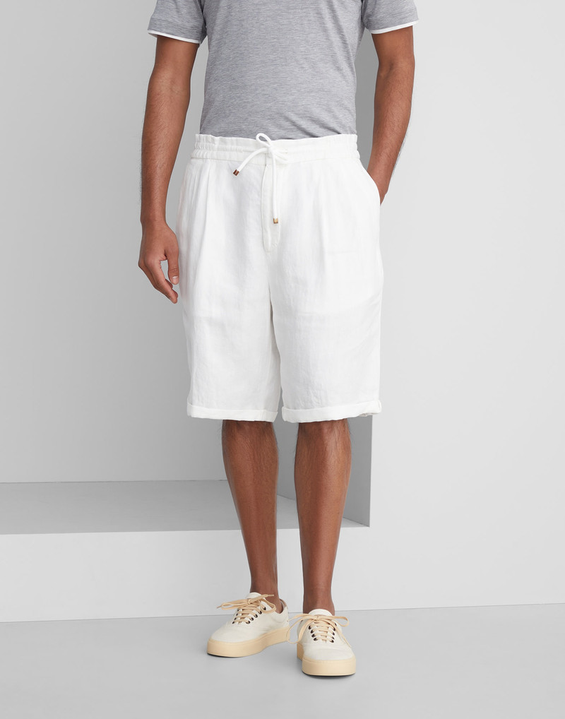 Garment-dyed Bermuda shorts in linen gabardine with drawstring and pleat - 1