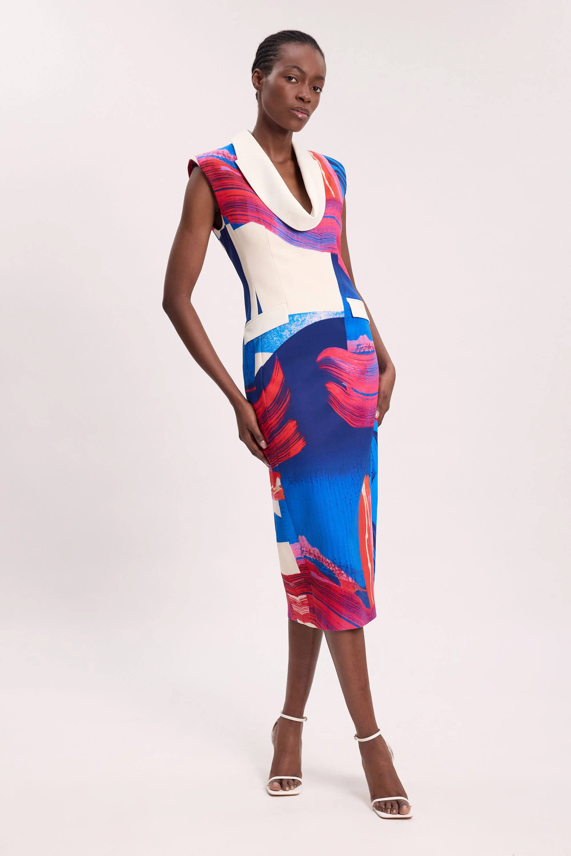 Polished Tailored Cowl Neck Sleeveless Midi Dress - 1