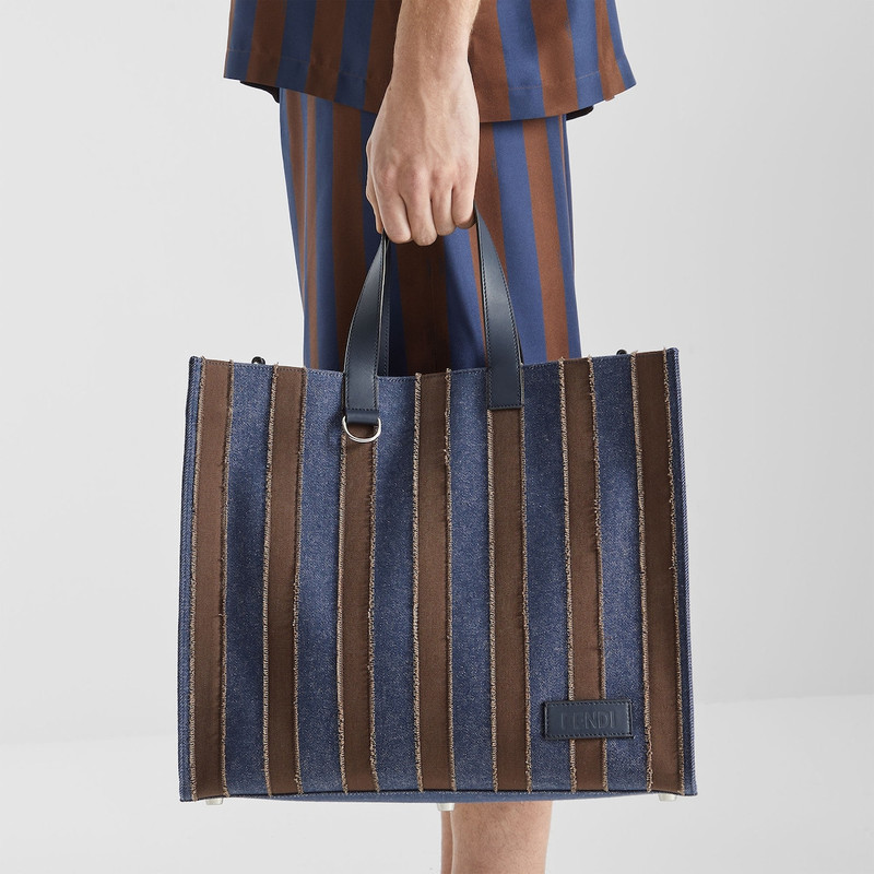 Pequin shopper Dark blue denim fabric and brown canvas bag 2