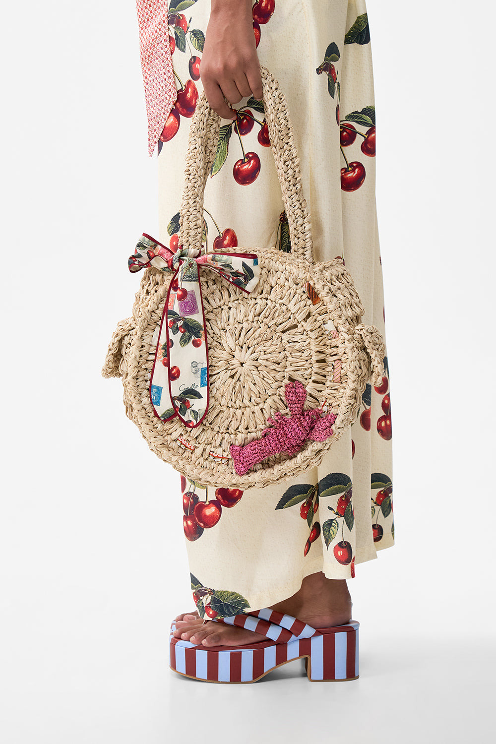 RAFFIA ROUND SHOULDER BAG WITH SCARF BOW - 6