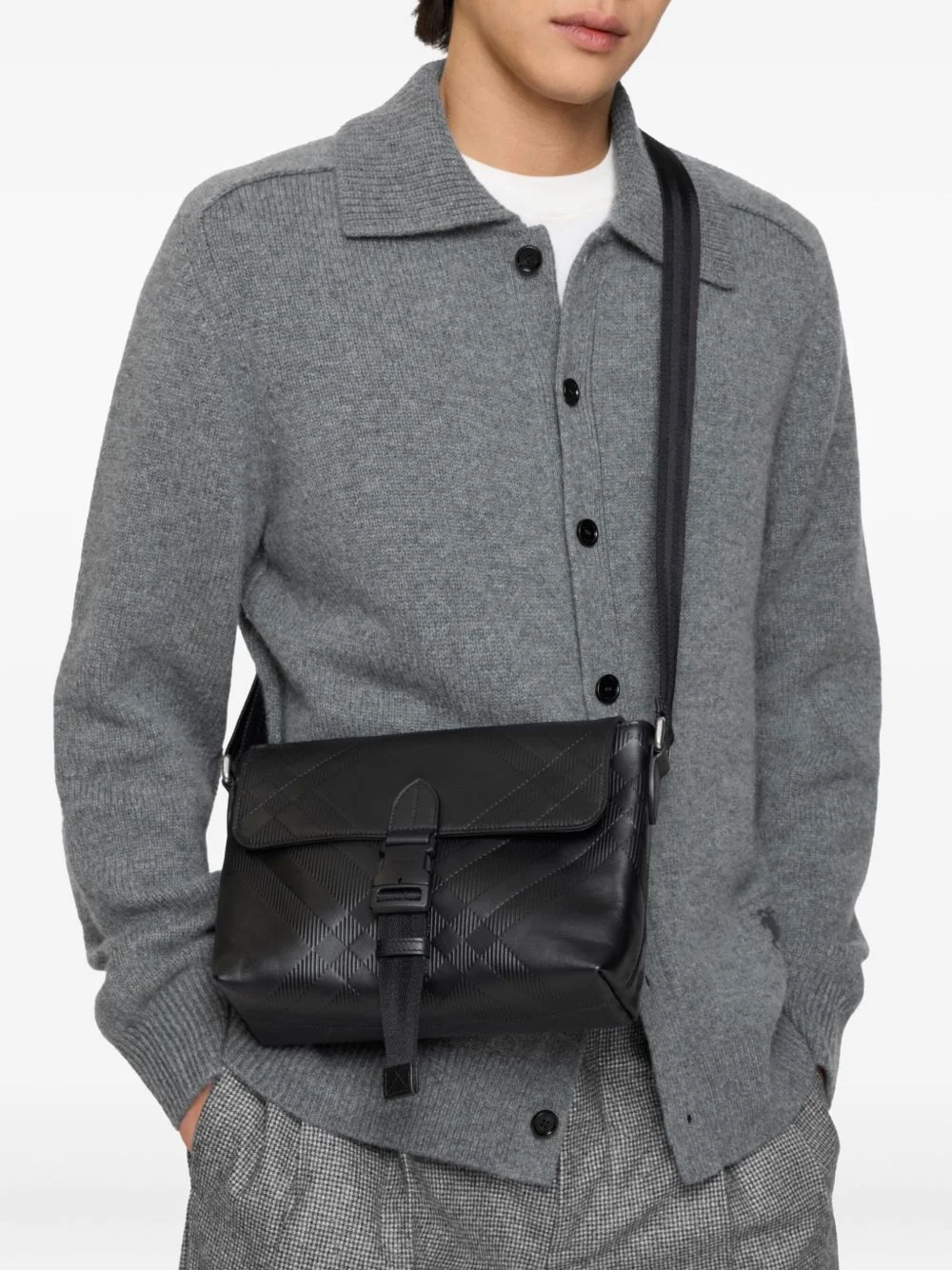 check-embossed buckled messenger bag - 1