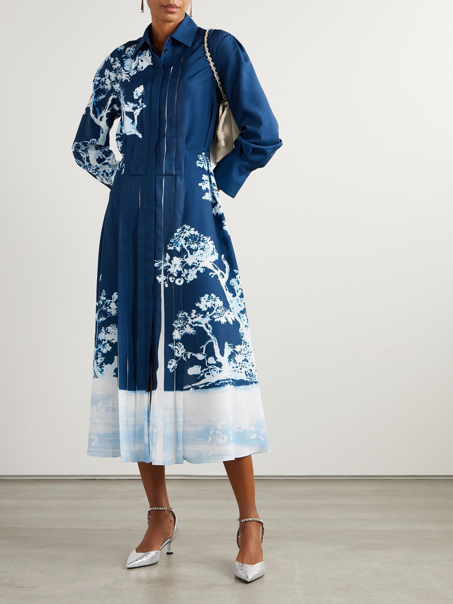 Printed crepe de chine midi dress Navy - 2