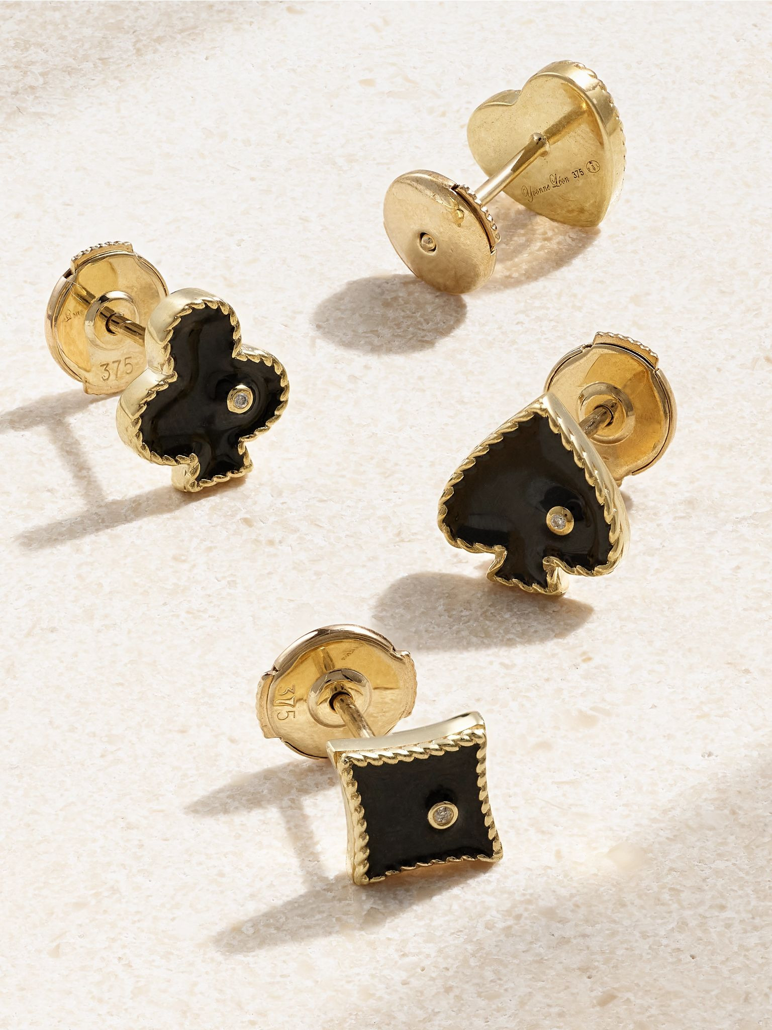 Set of four Puces Casino 9-karat gold, enamel and diamond earrings Black - 3