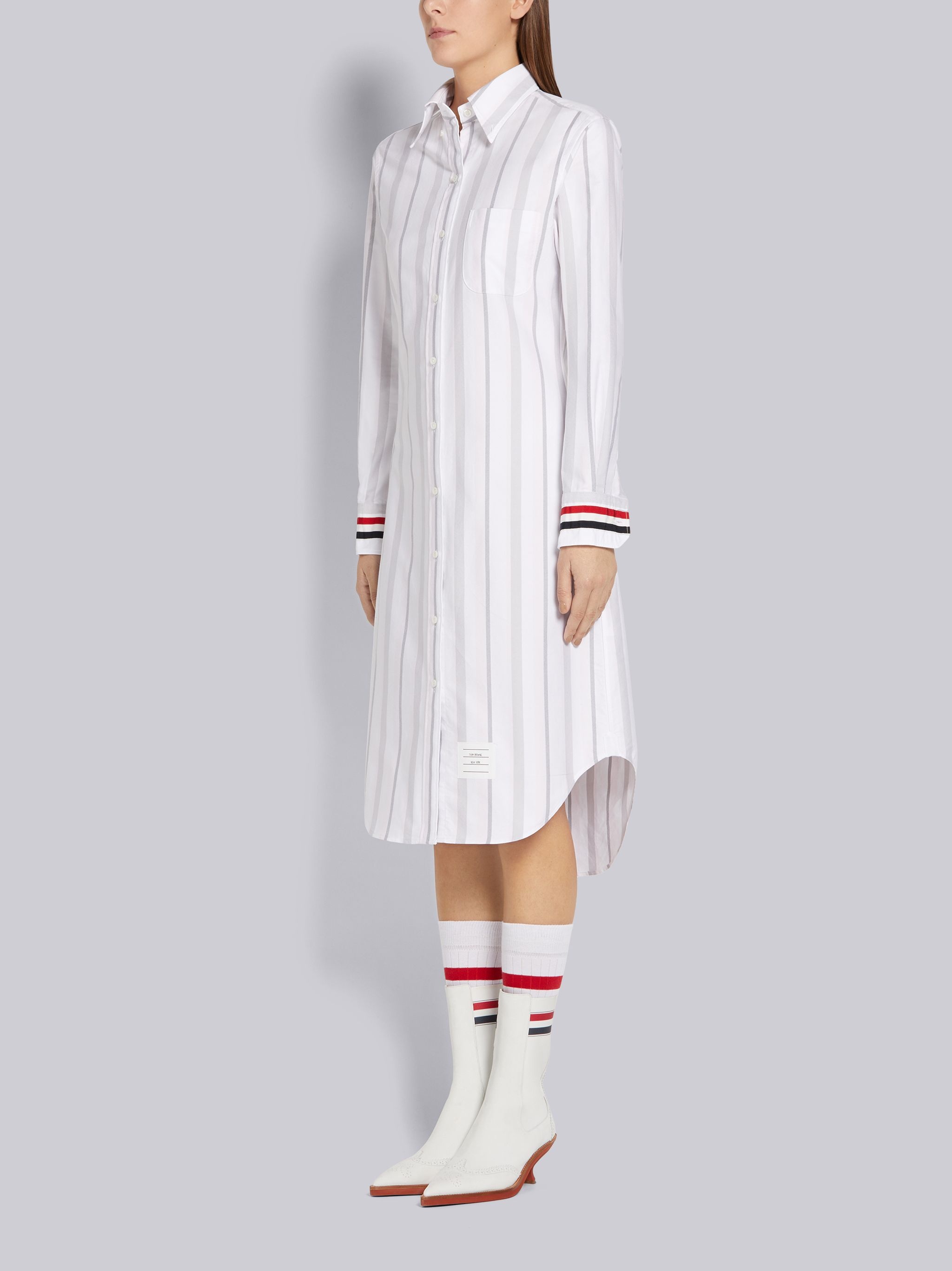 Light Pink Alternating Wide Stripe Cotton Oxford Long-sleeved Button Down Point Collar Shirtdress - 2