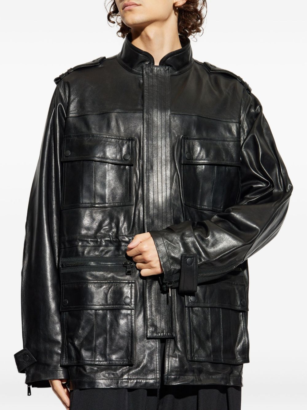 multiple-pocket leather jacket - 3