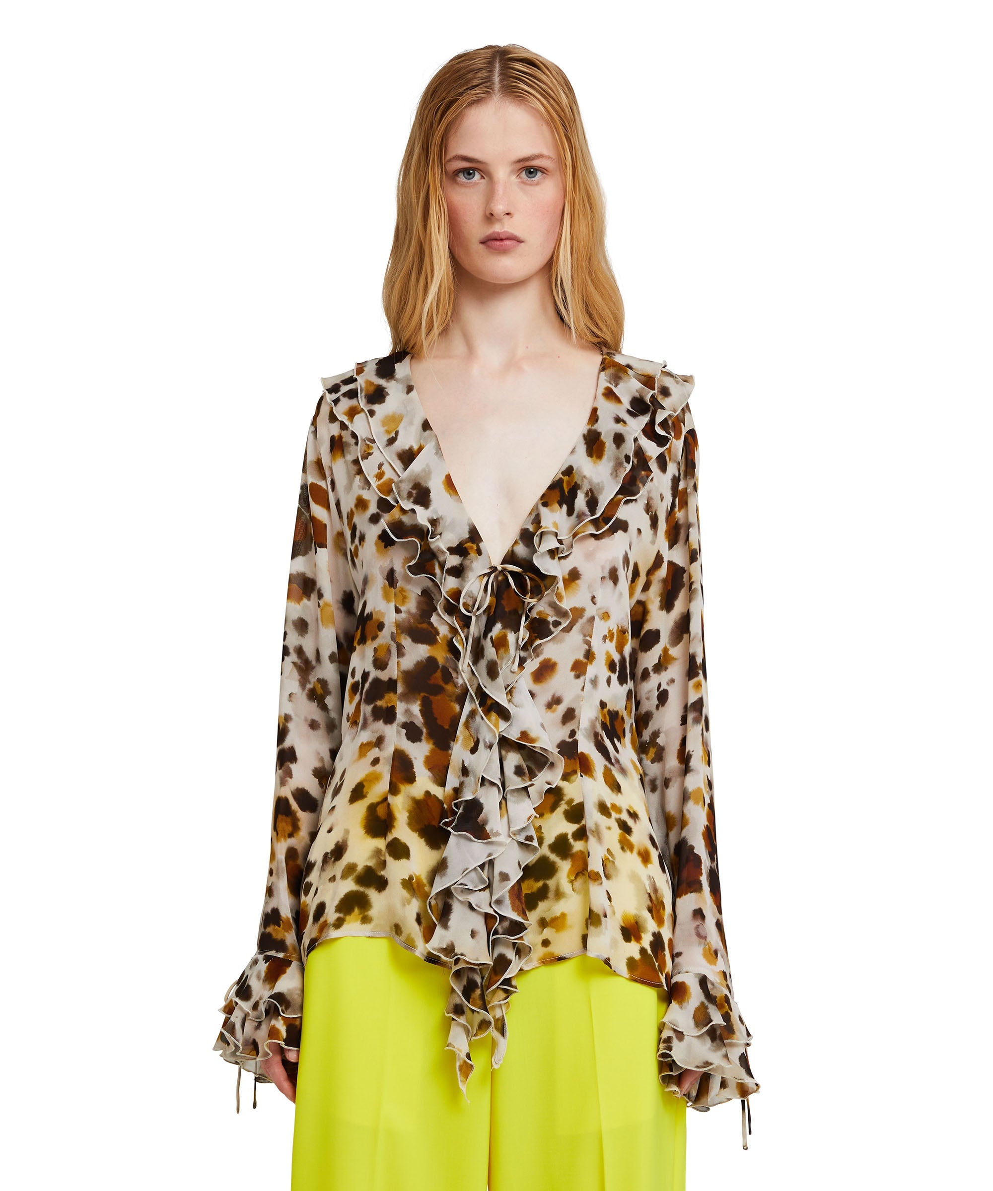 Ruffled blouse with georgette "watercolor leopard" print - 2