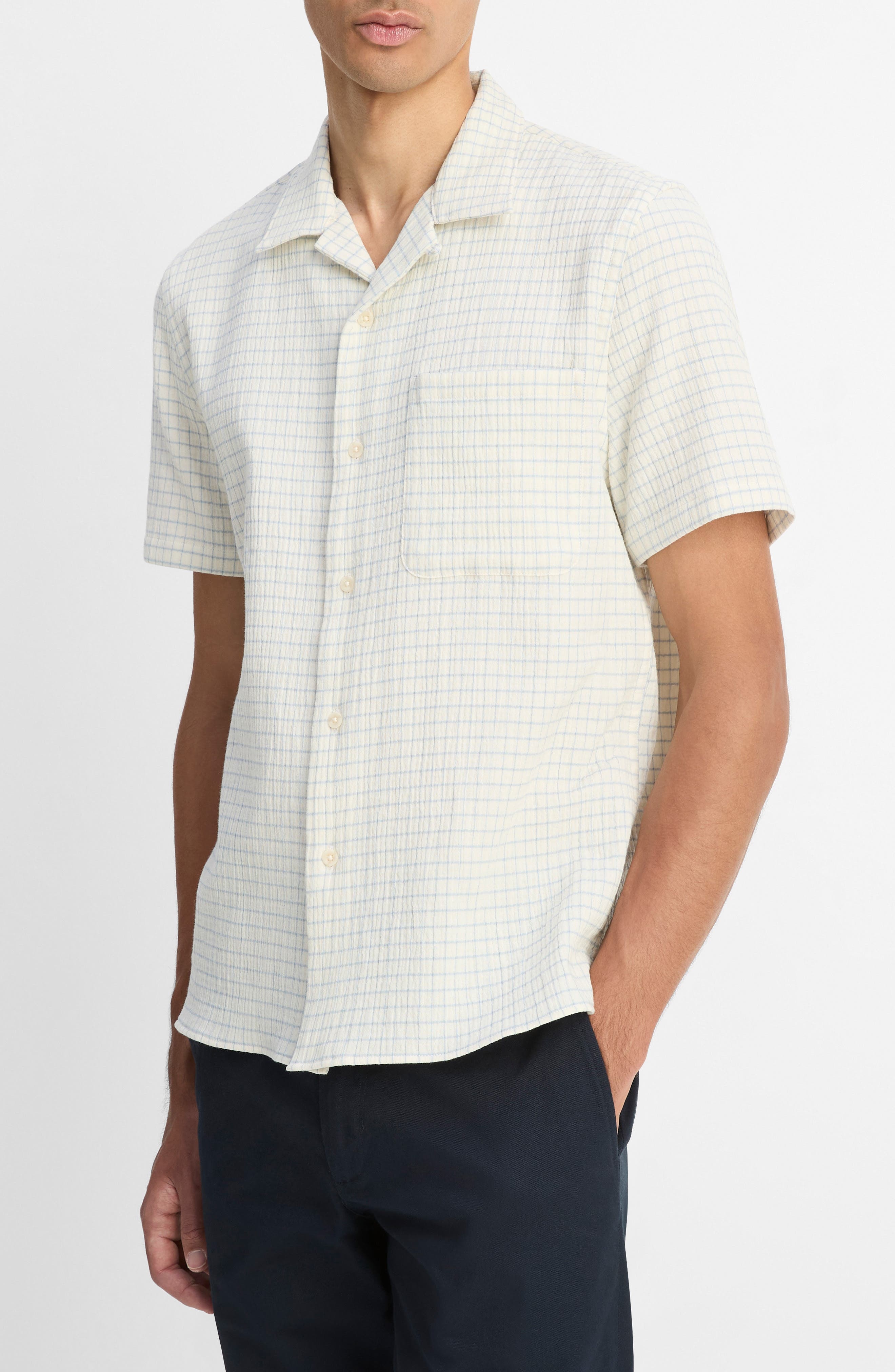 Vince Provence Check Cotton Seersucker Camp Shirt in Horchata/California at Nordstrom - 3