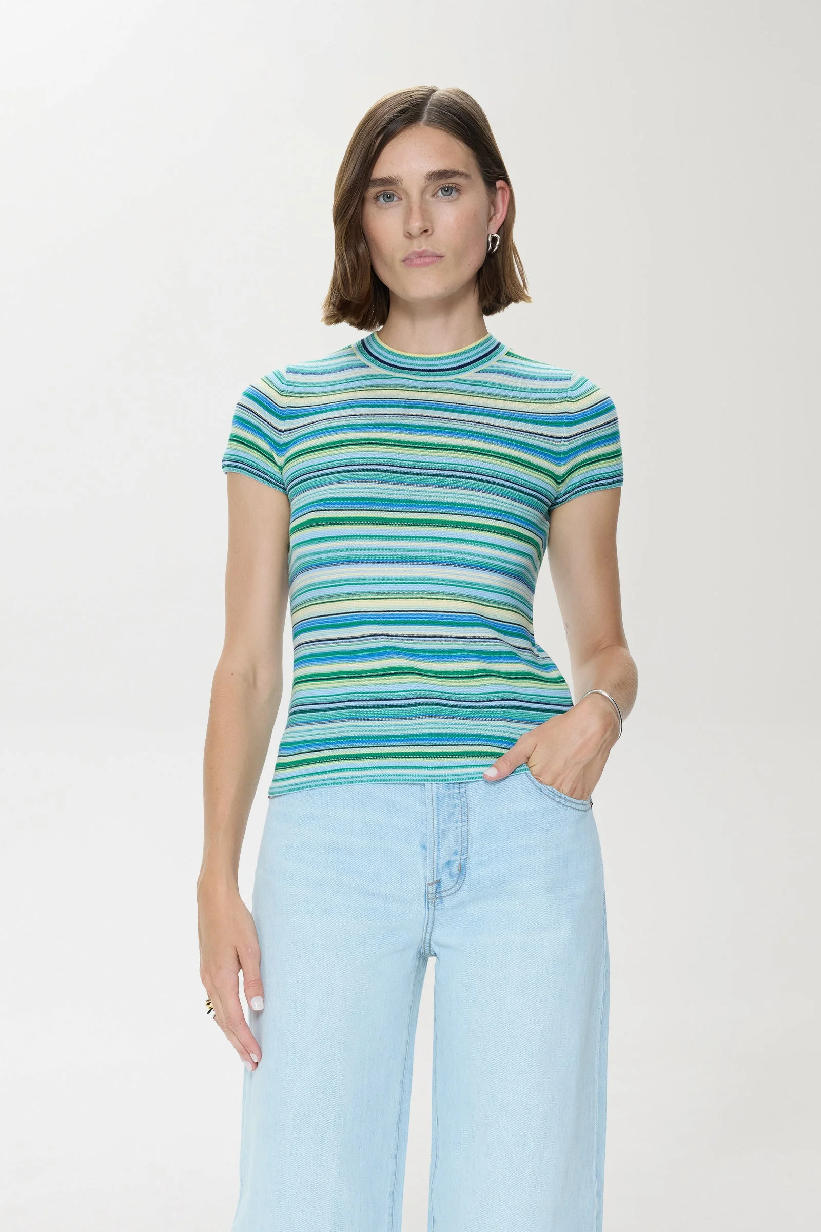 SELENE SHORT SLEEVE SWEATER TEE - BLUE GREEN - 1