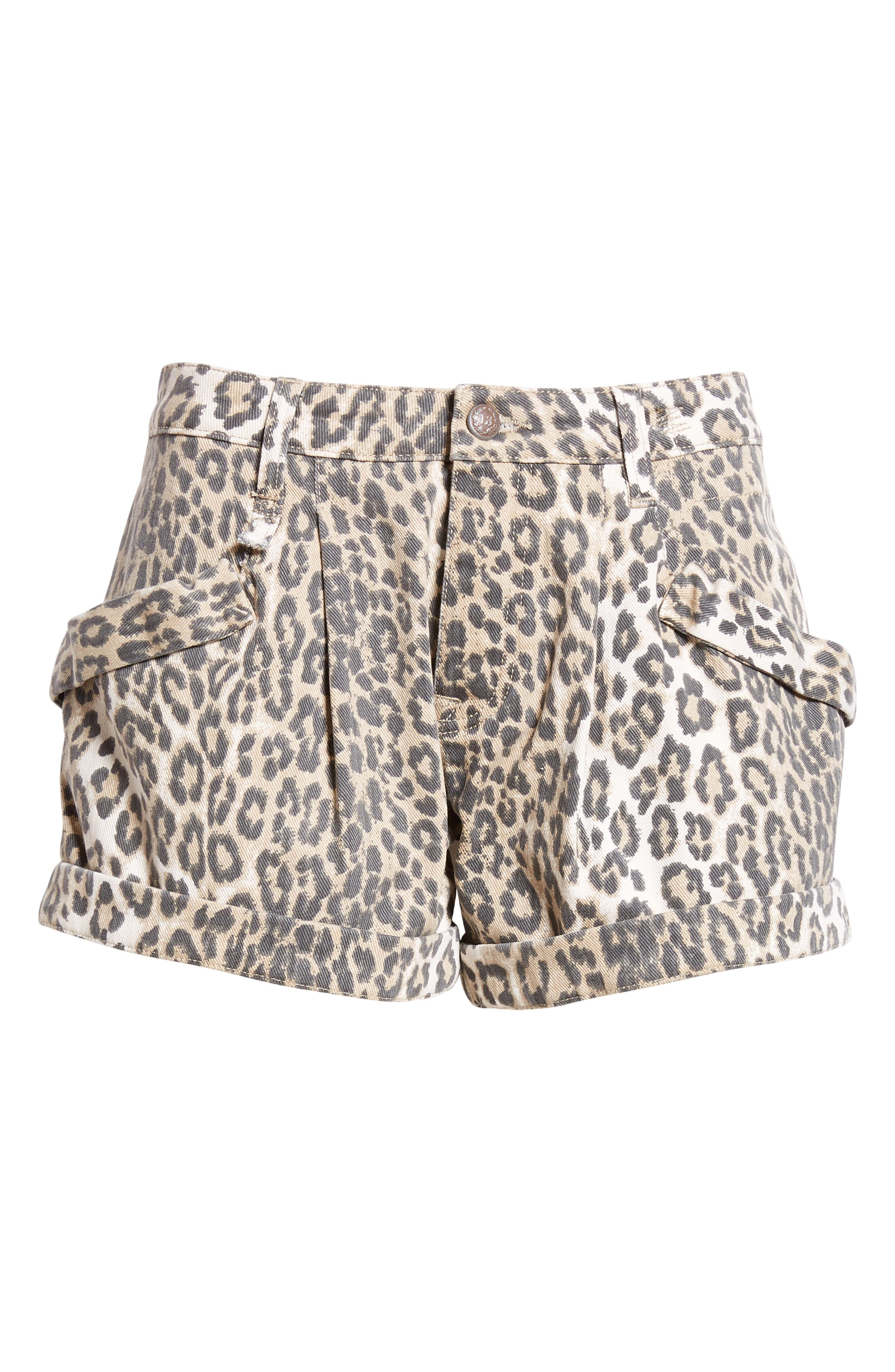 R13 Leopard Print Pleated Pouch Pocket Denim Shorts in Ecru Leopard at Nordstrom - 6