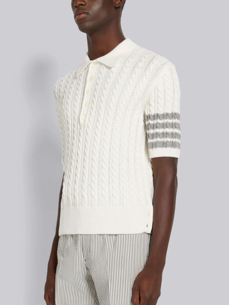 Thom Browne White Cotton 4-Bar Cable Knit Short Sleeve Polo outlook
