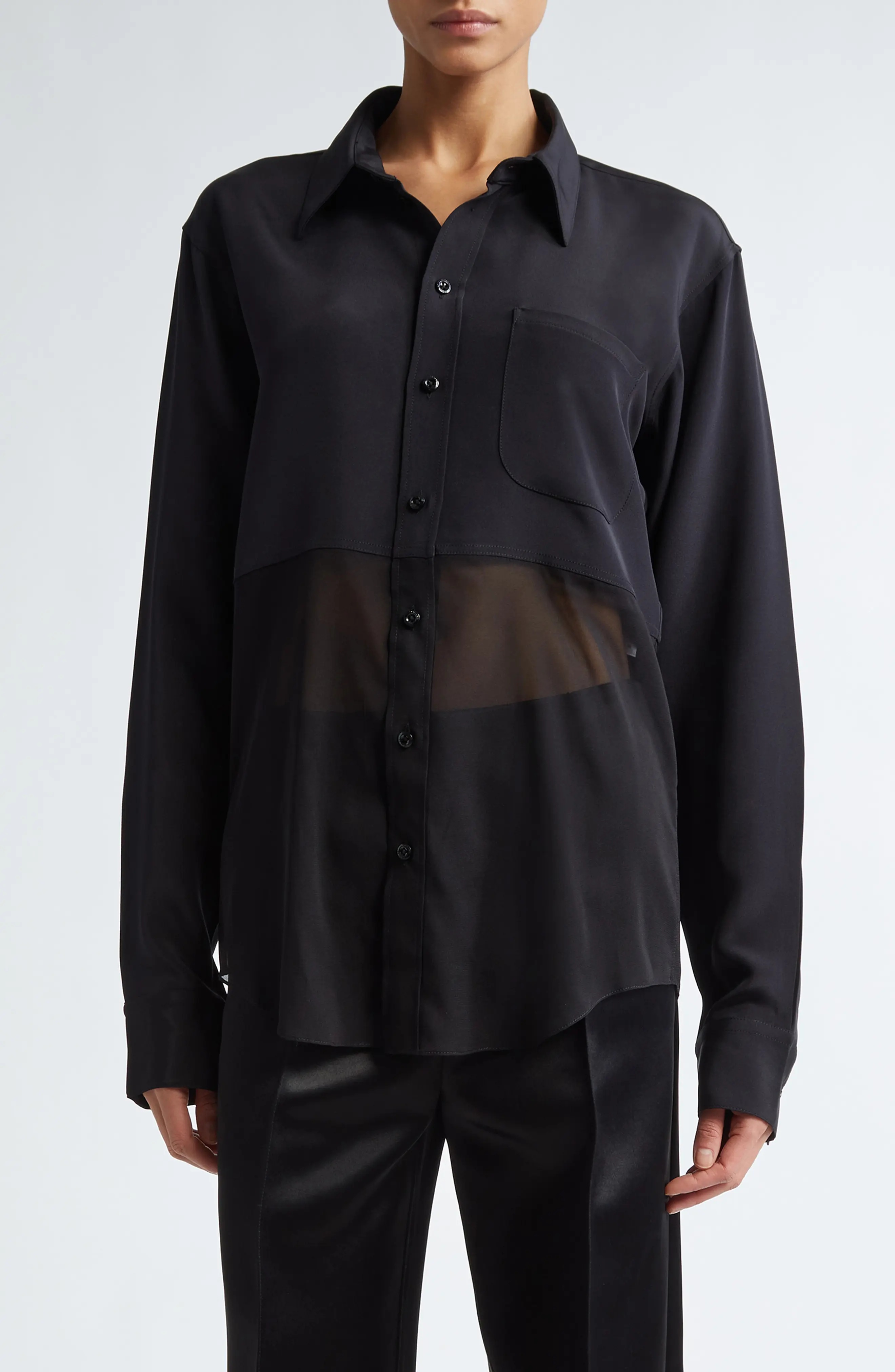 Mixed Media Button-Up Shirt in Black/Black - 1