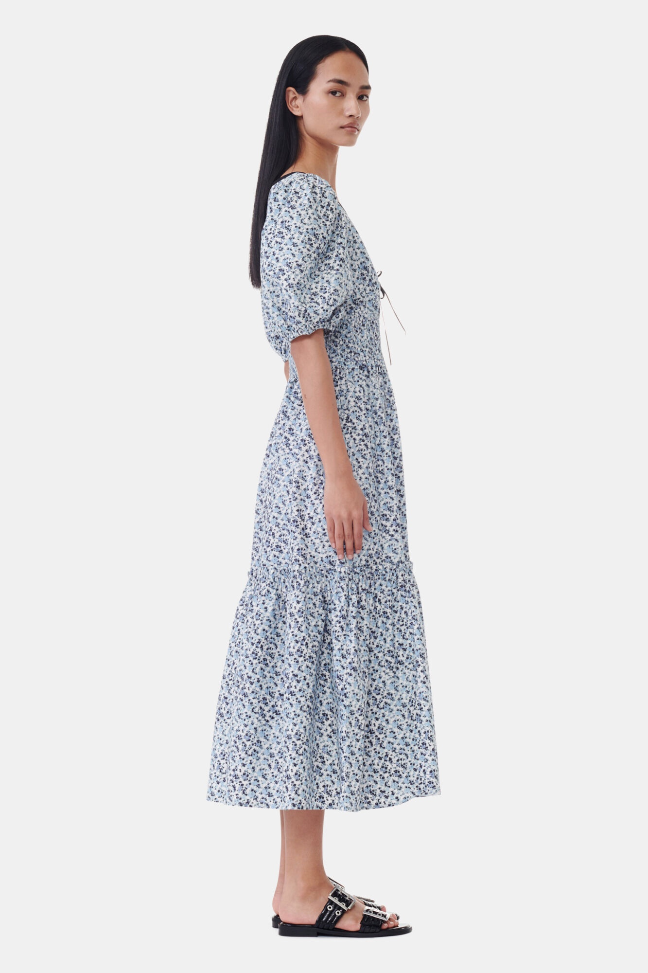 BLUE FLORAL PRINTED COTTON LONG SMOCK DRESS - 4