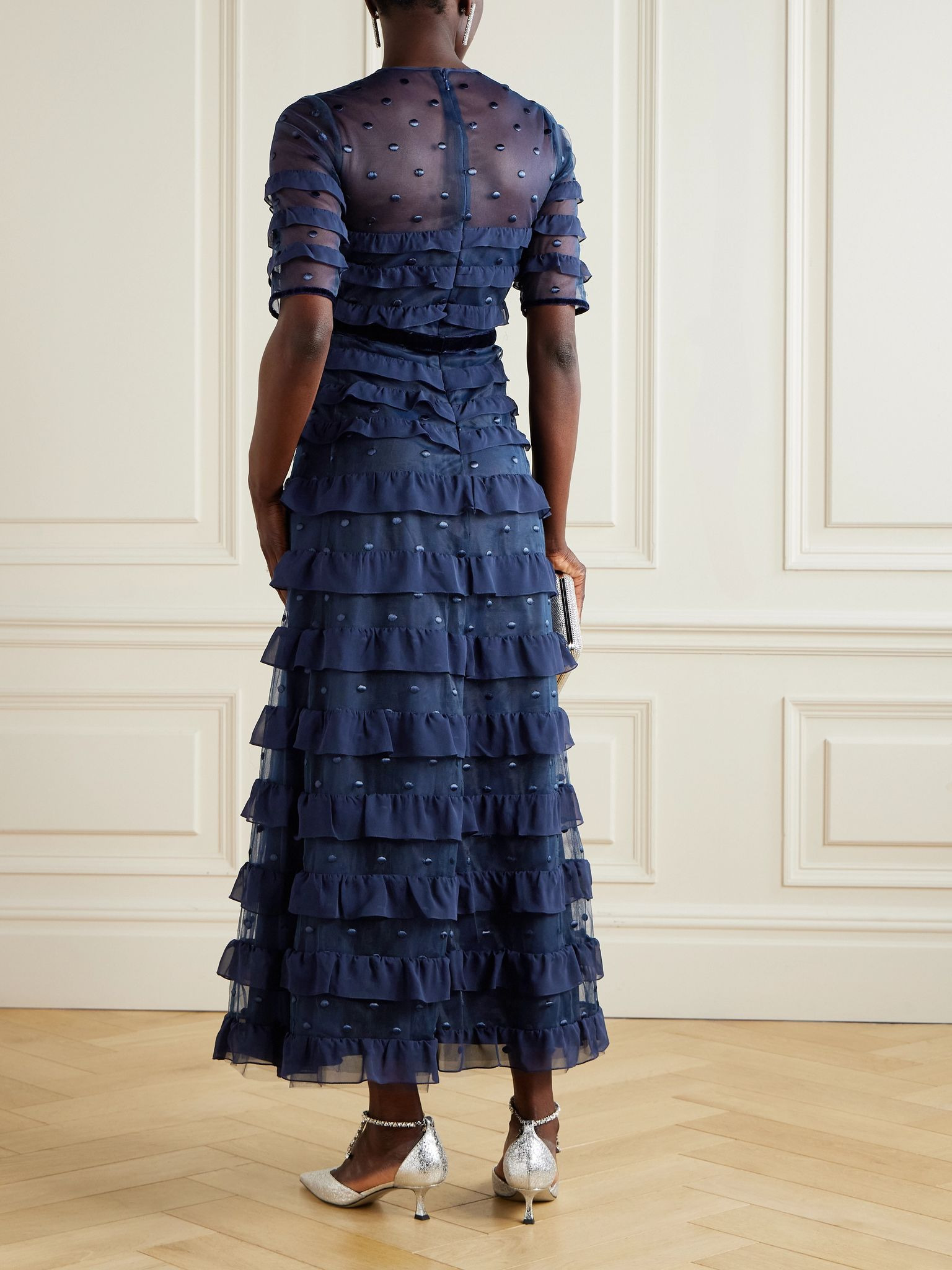 Velvet-trimmed point d'esprit and ruffled chiffon midi dress Navy - 3