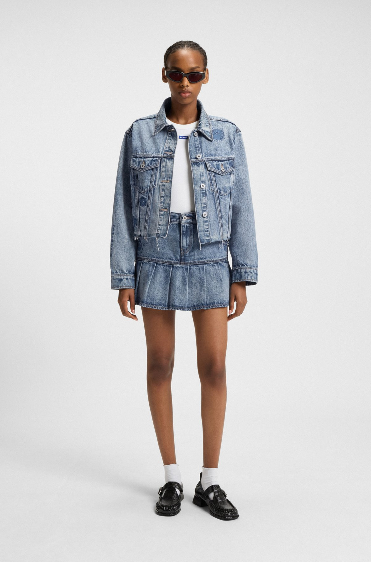 HALF-PLEATED MINI SKIRT IN BLUE RIGID DENIM - 3