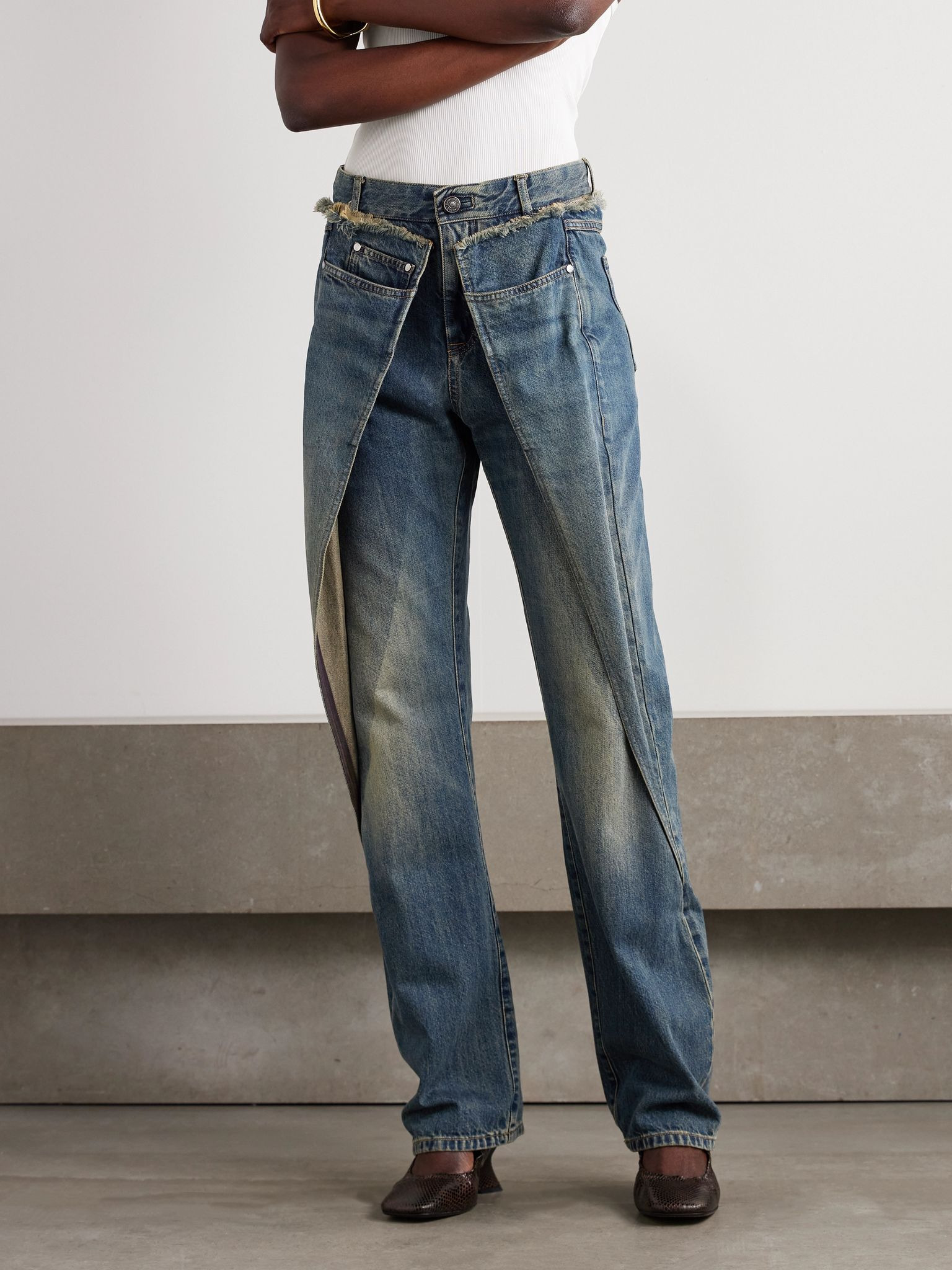 Wrap-effect frayed mid-rise straight-leg jeans Dark denim - 3