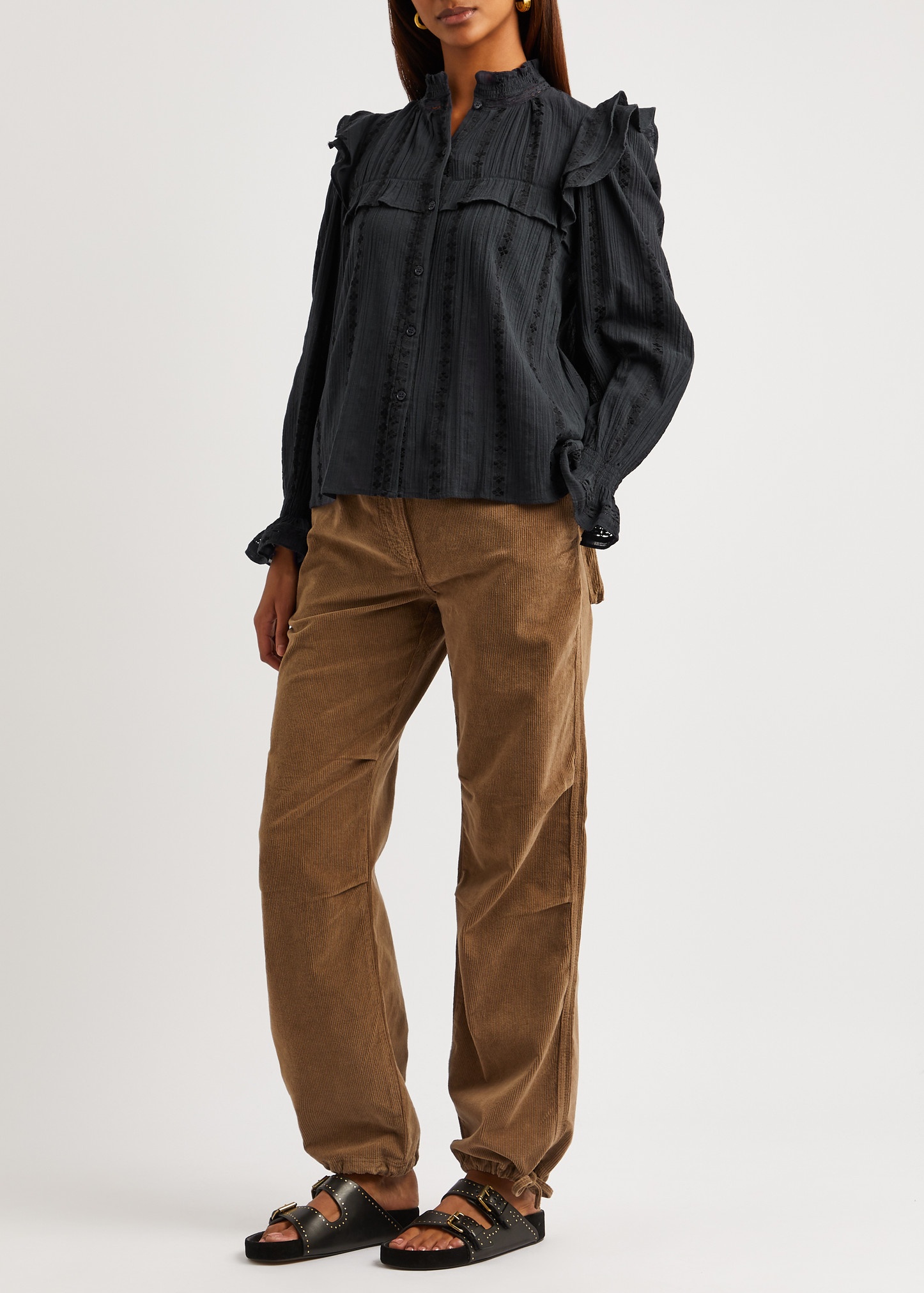 Brown Washed Corduroy Drawstring Pants