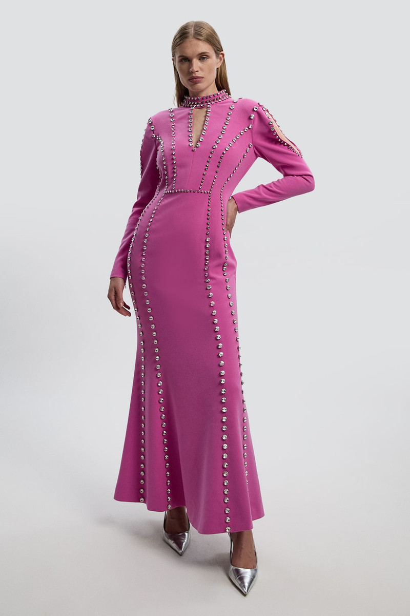 KAREN MILLEN Crystal Embellished Woven Plunge Detail Maxi Dress outlook