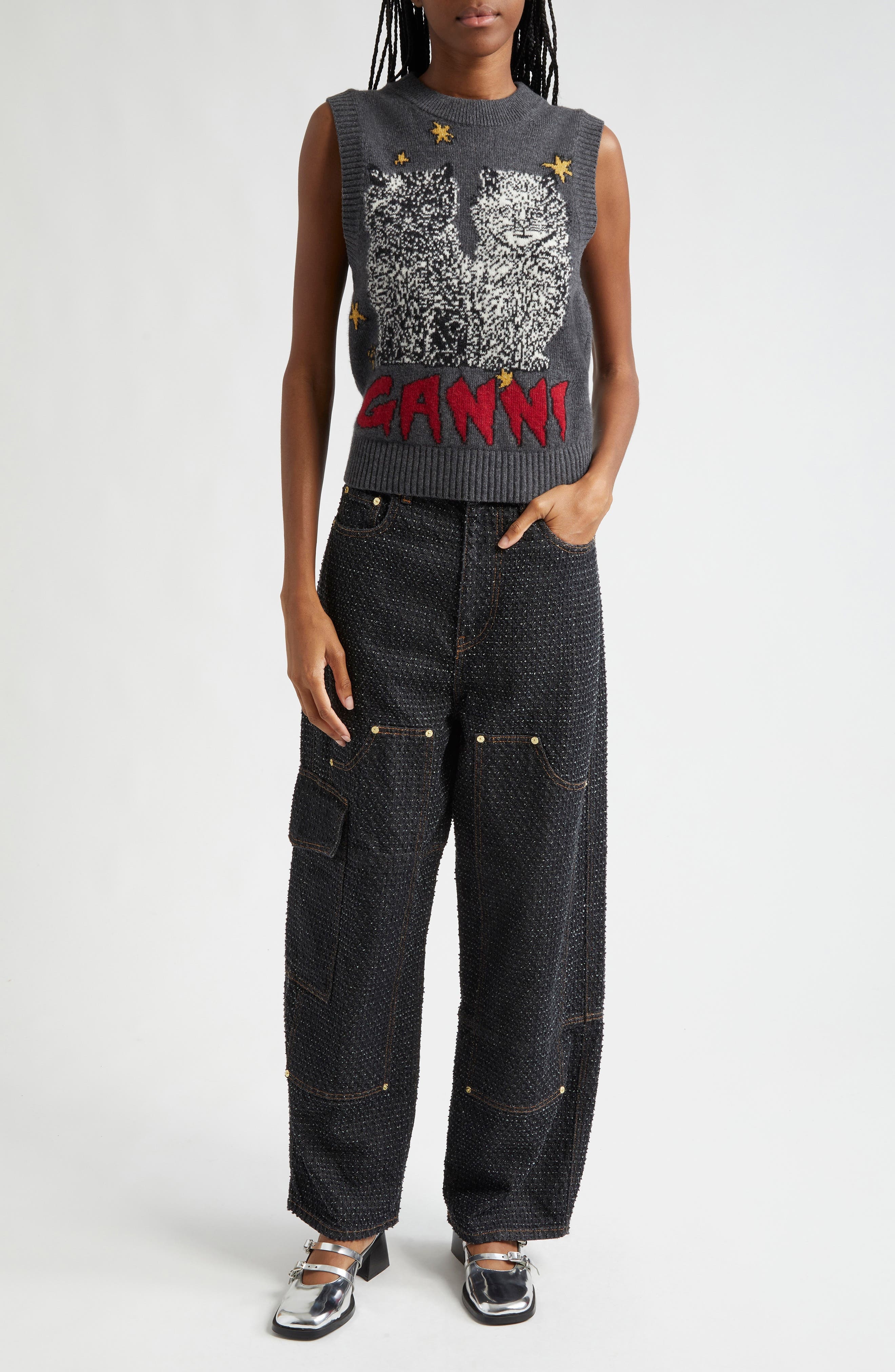 Ganni Fluffy Carpenter Jeans in Black at Nordstrom - 2