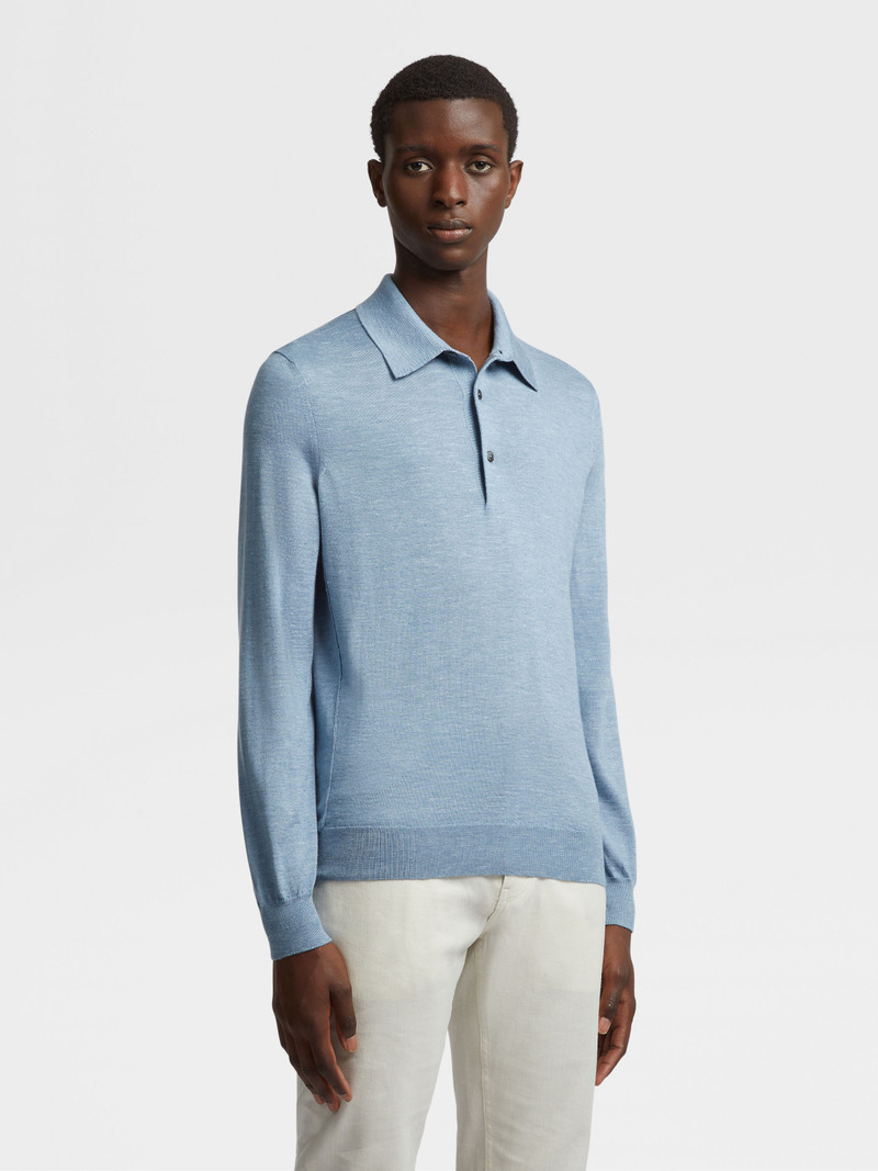 ZEGNA AVIO BLUE SILK CASHMERE AND LINEN POLO SHIRT outlook