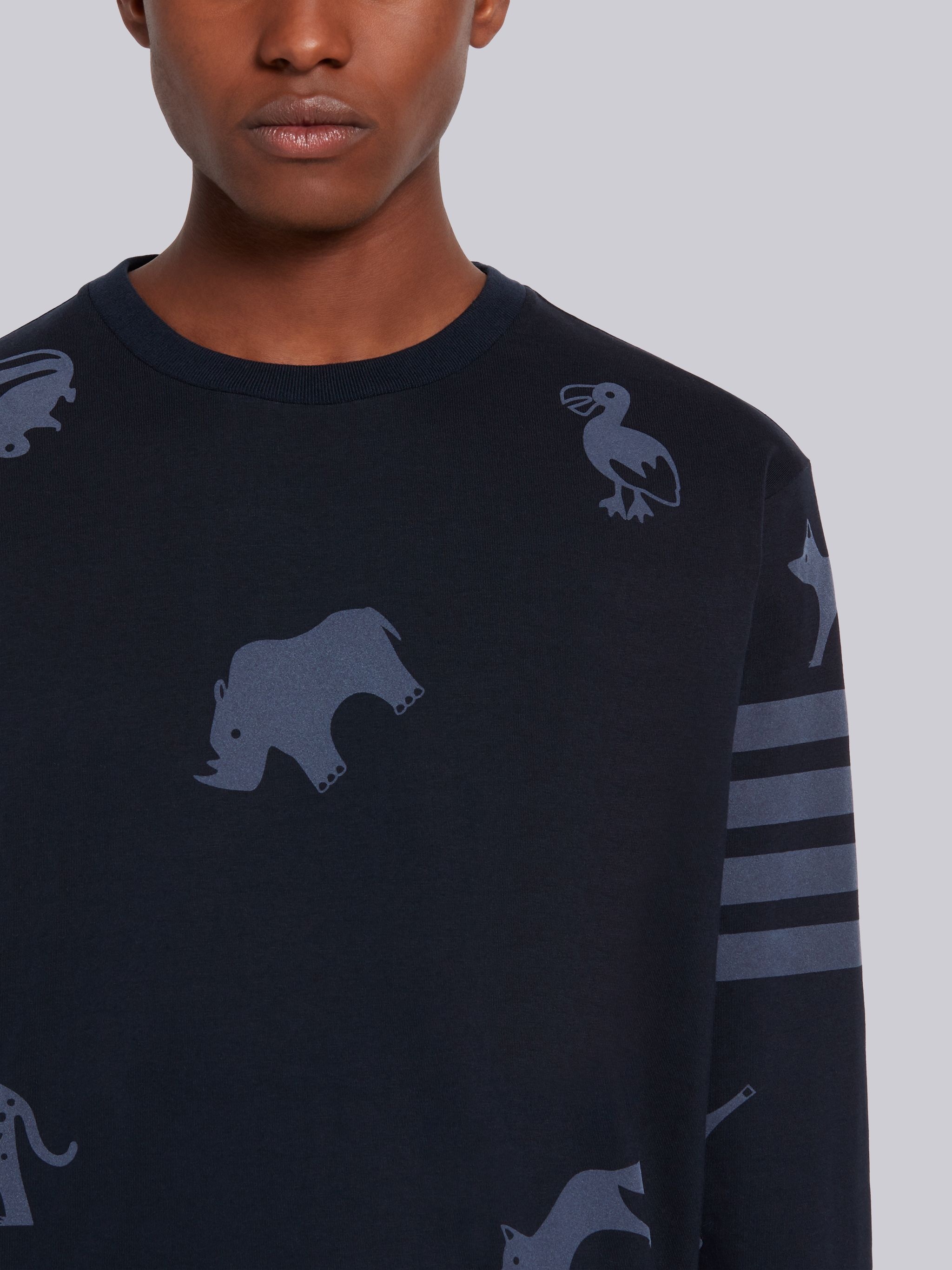 Navy Cotton Jersey Tonal Multi-Animal Icon 4-Bar Long Sleeve Tee - 5