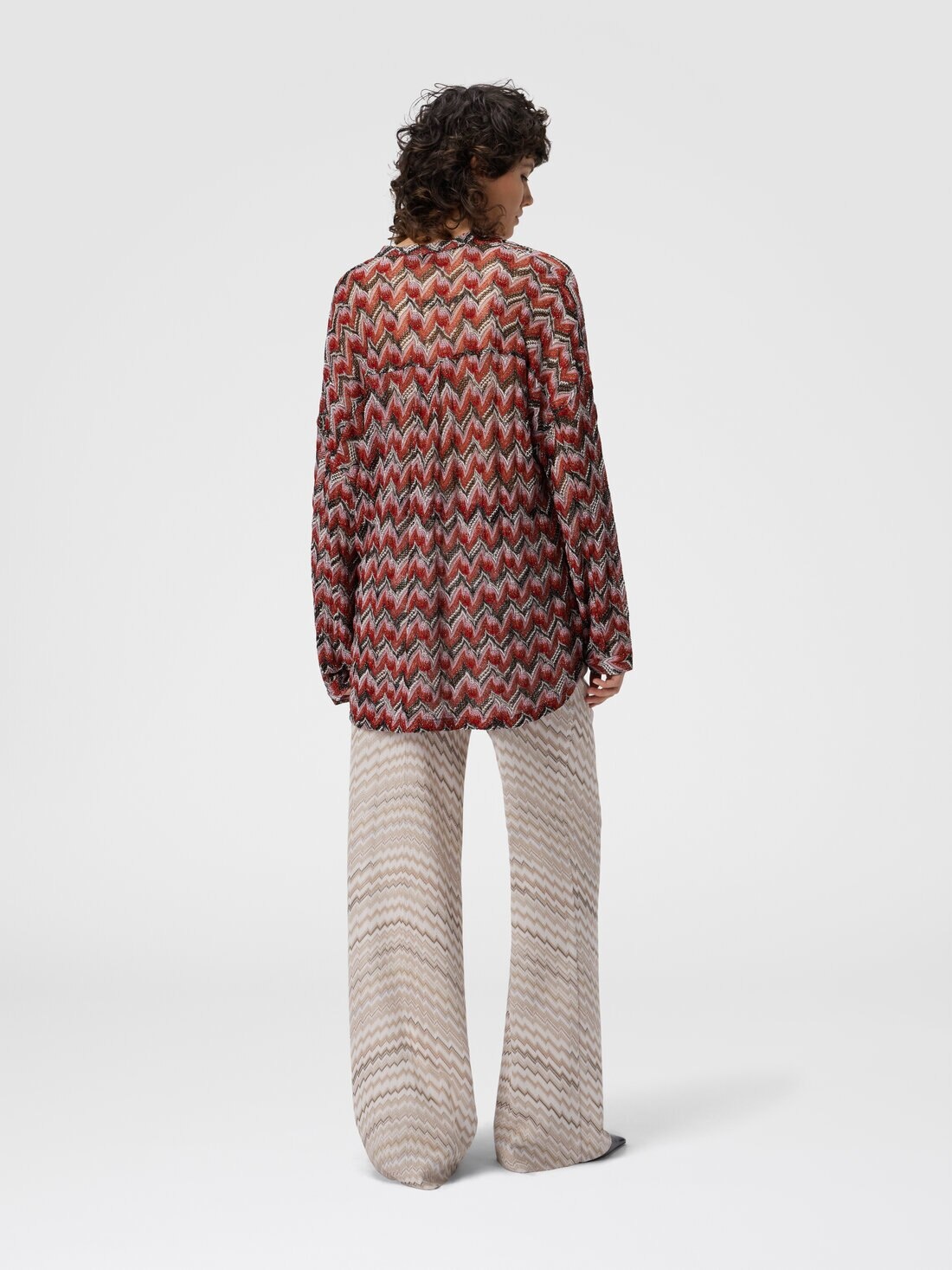 Oversized Blouse with Mandarin Collar and V-Neck - 3