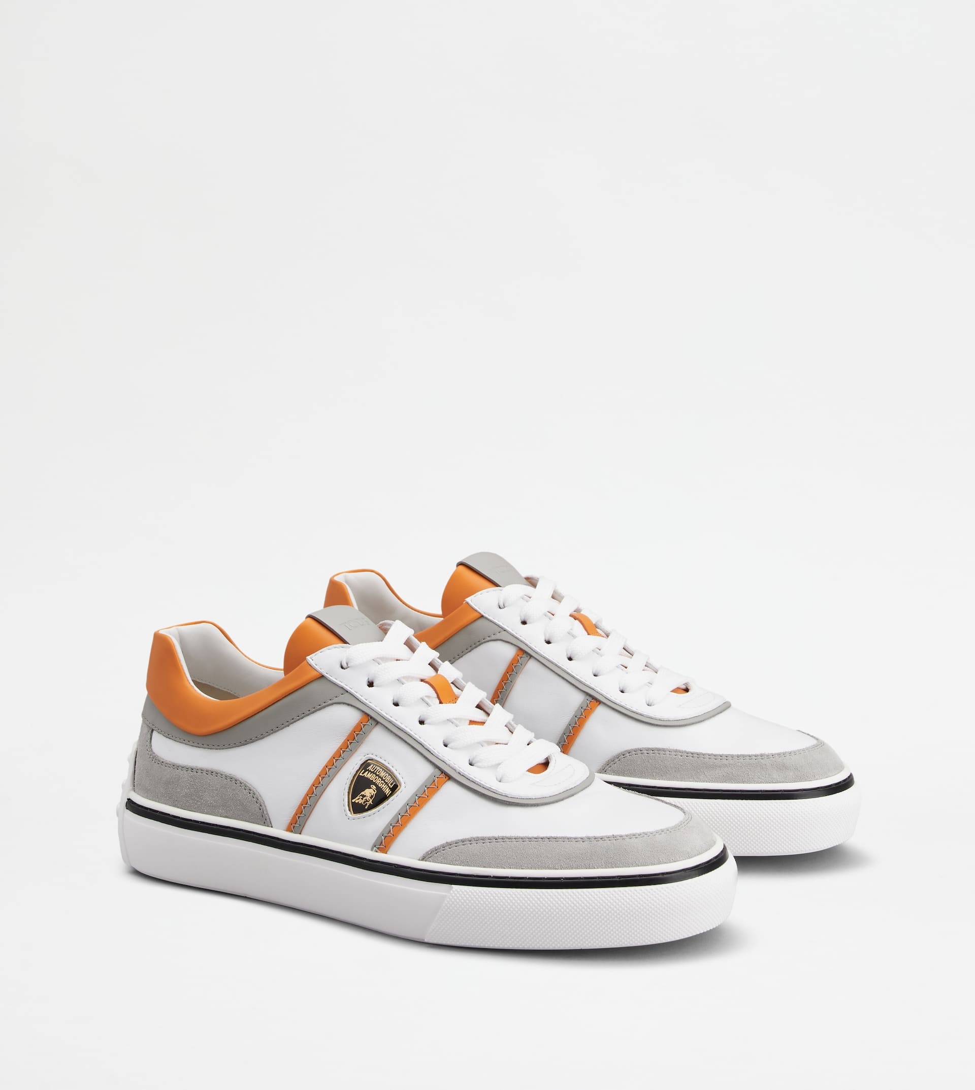 SNEAKERS IN LEATHER - GREY, WHITE, ORANGE - 2
